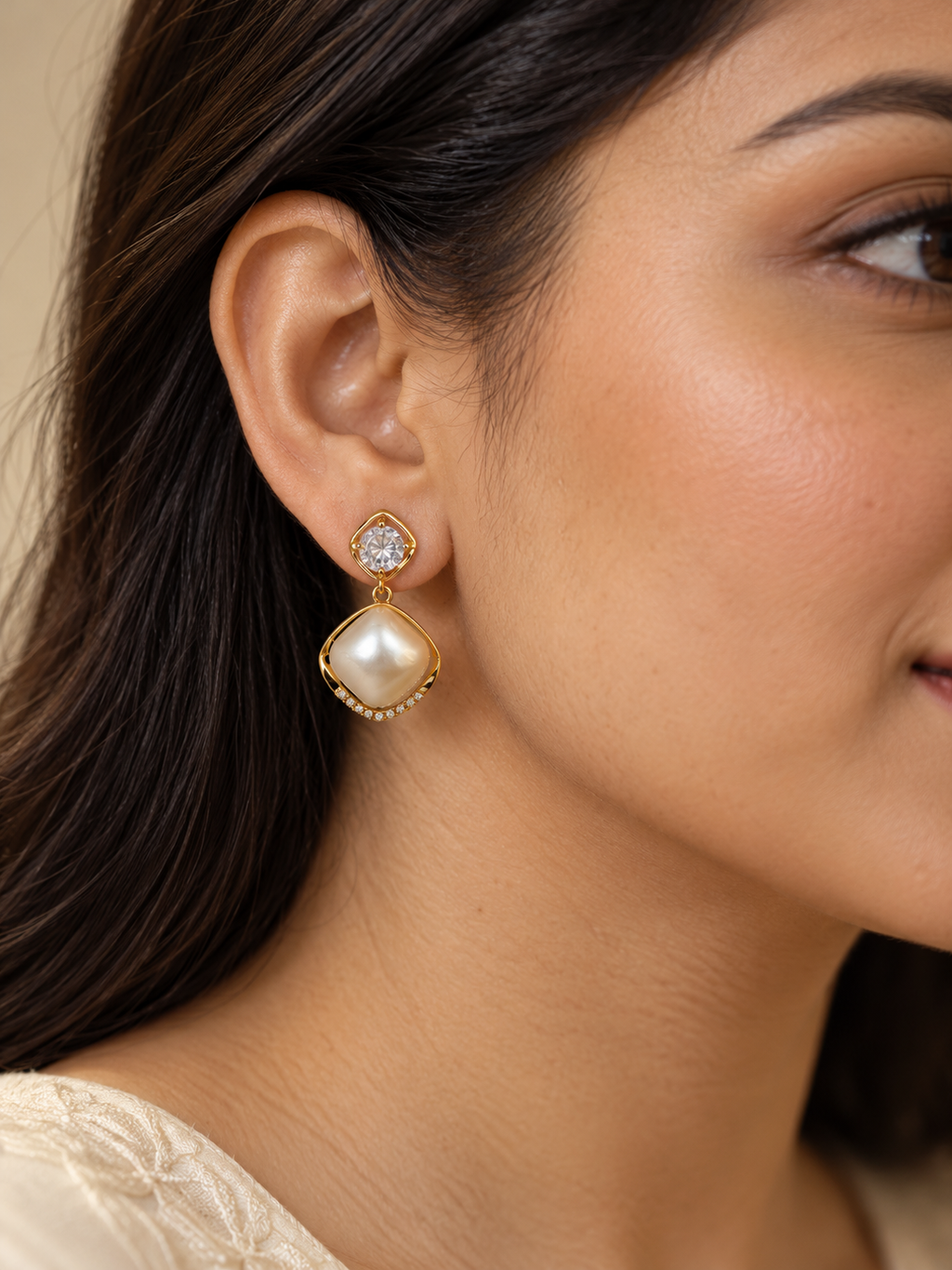 Ivory Cushion Pearl Drop Earrings — worn by model