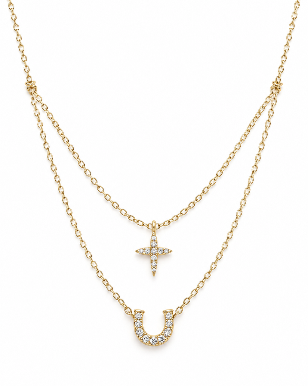 Double Tier Cross & Horseshoe Necklace — white background