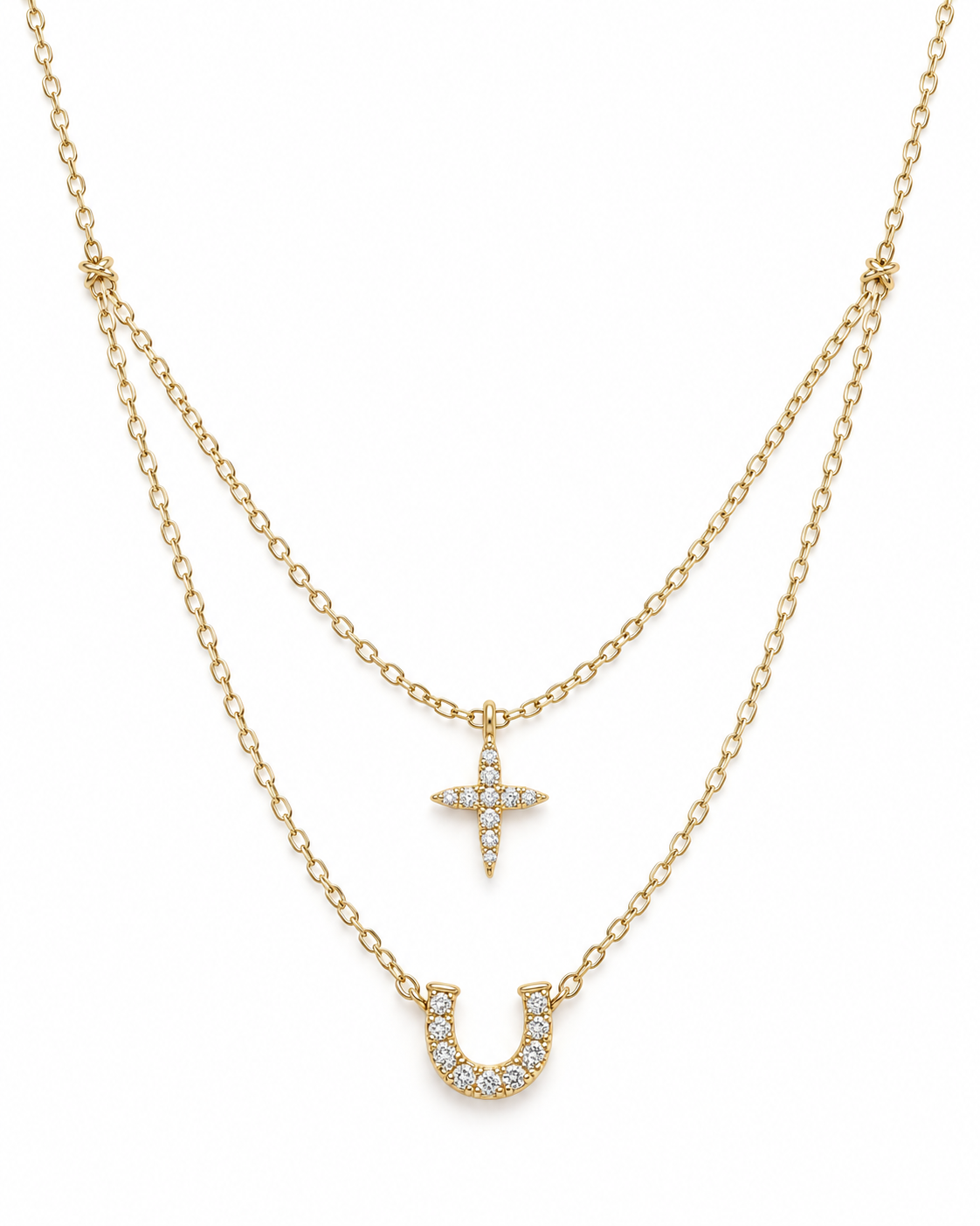 Double Tier Cross & Horseshoe Necklace — white background