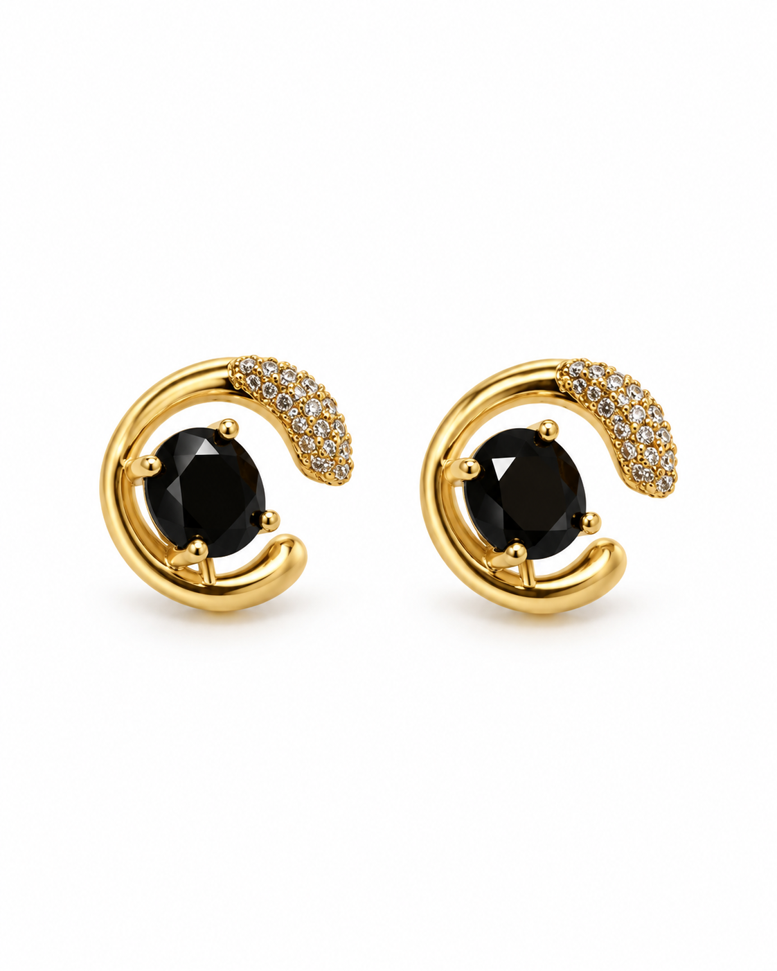 Black Stone Swirl Stud Earrings — white background