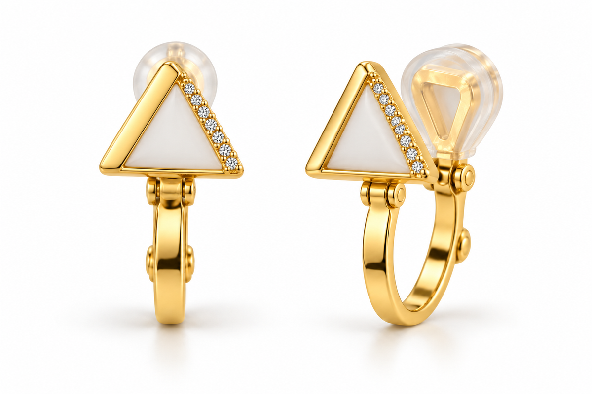 Ivory Triangle Crystal Clip Earrings — white background