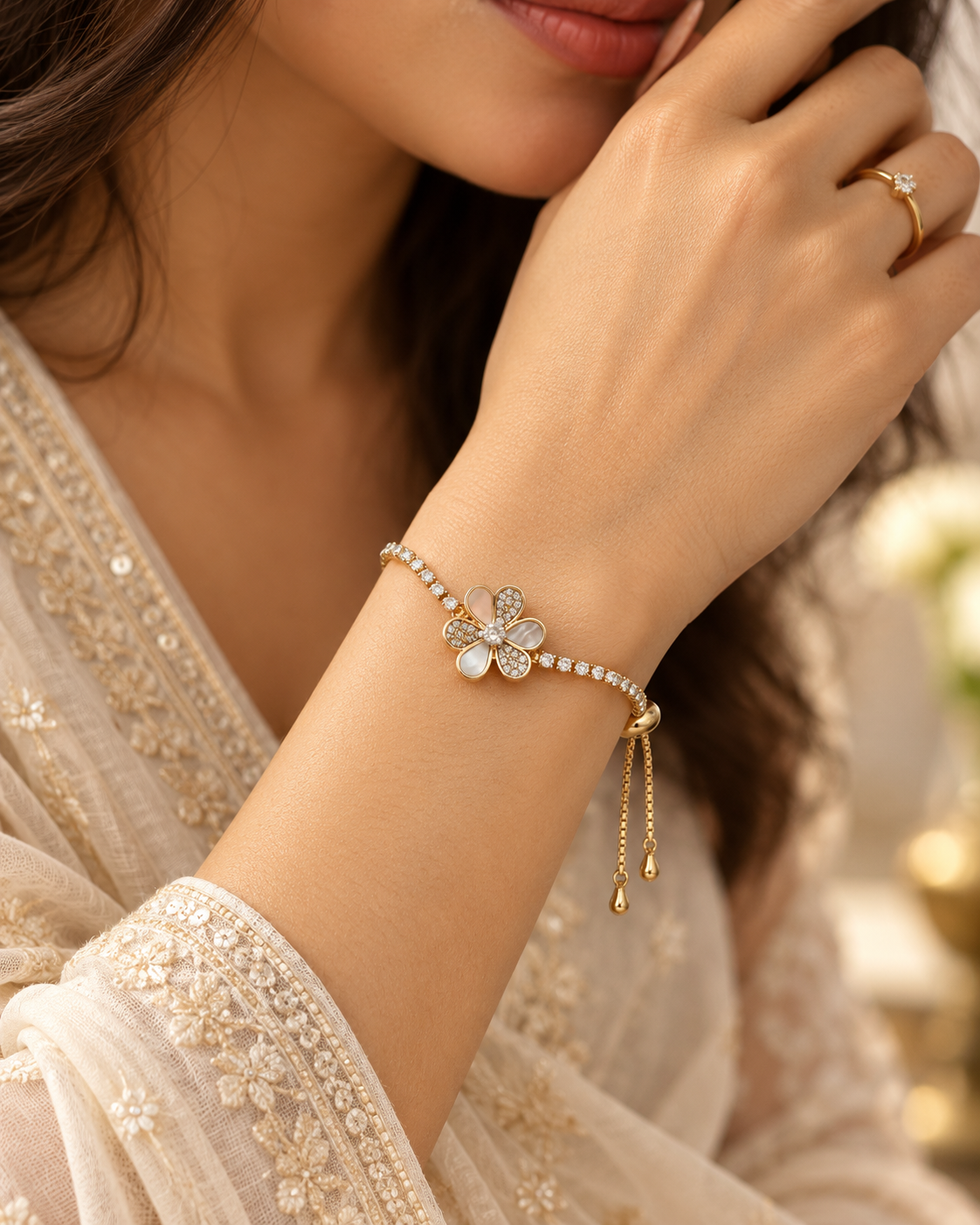Ivory Petal Crystal Flower Bracelet — worn by model
