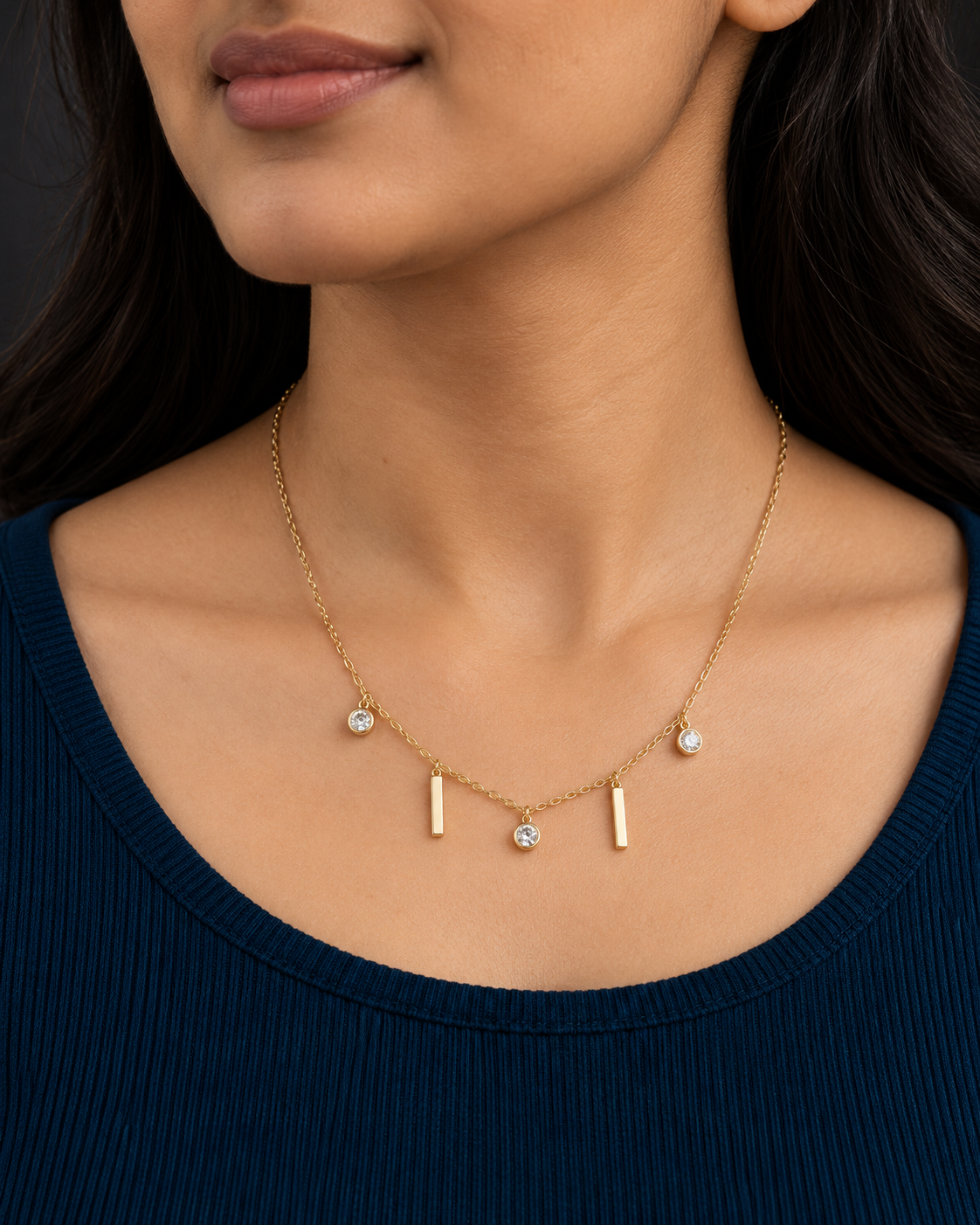 Gold-Tone Bar & Solitaire Charm Necklace — worn by model