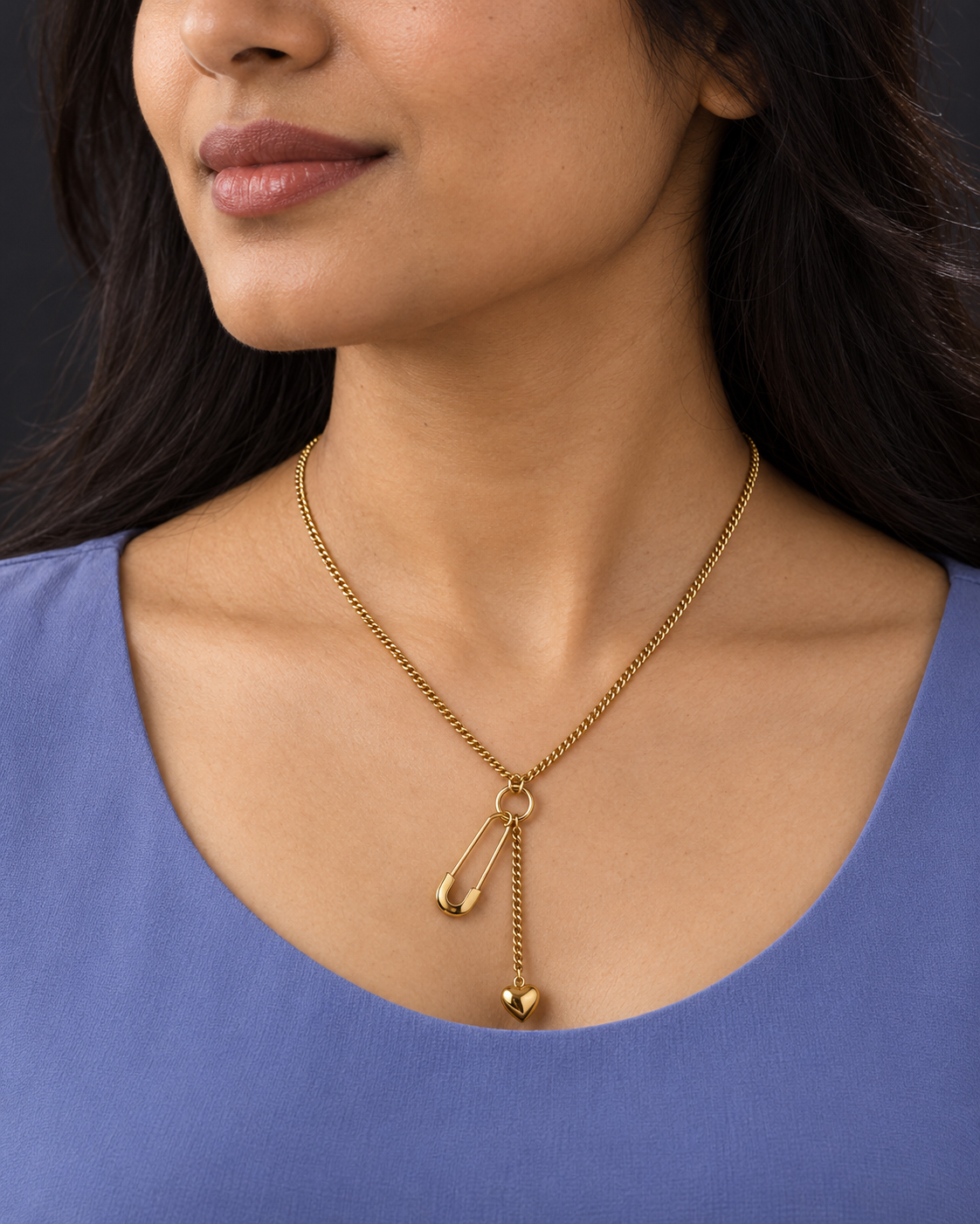 Gold-Tone Pin & Heart Lariat Necklace — worn by model