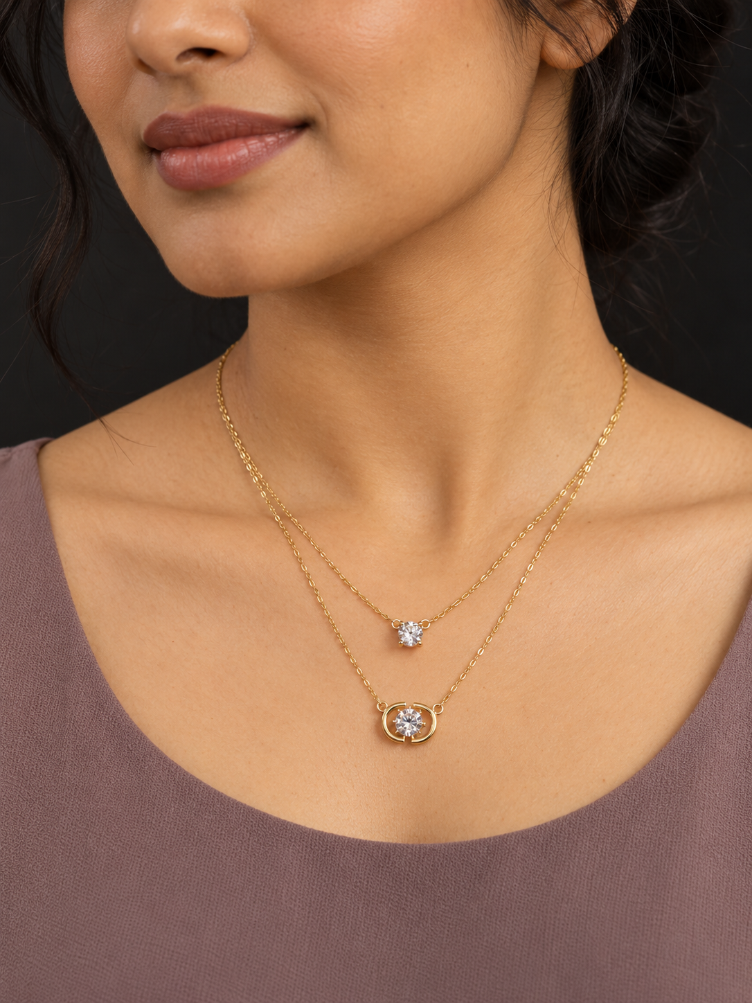 Double Layer Clear Solitaire Necklace — worn by model