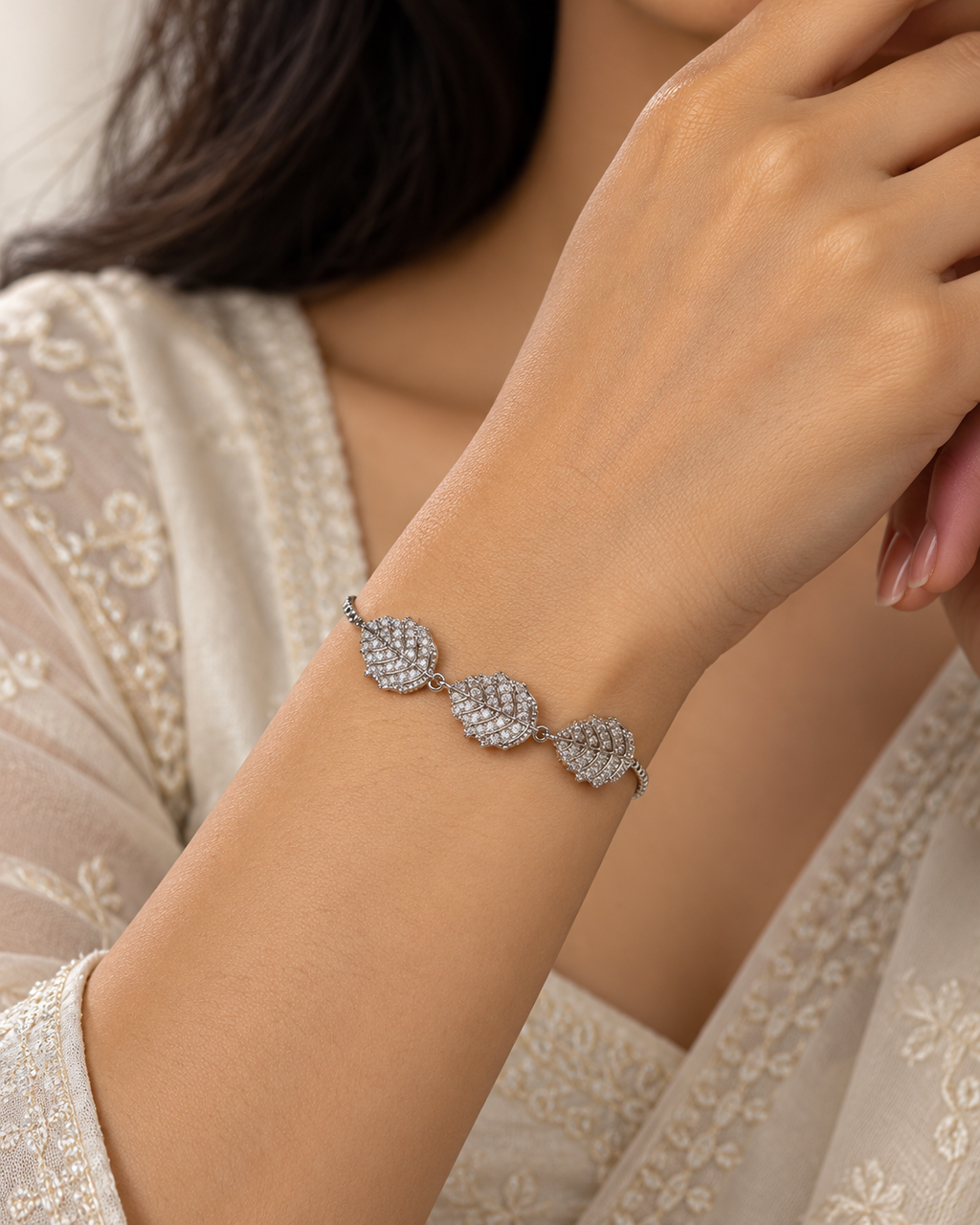 Silver-Tone Triple Leaf Bolo Bracelet — worn by model