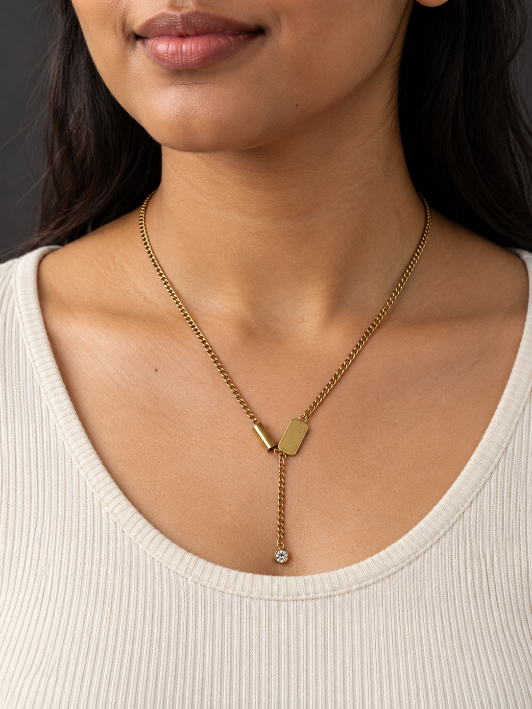 Gold-Tone Curb Chain Crystal Drop Necklace — worn by model