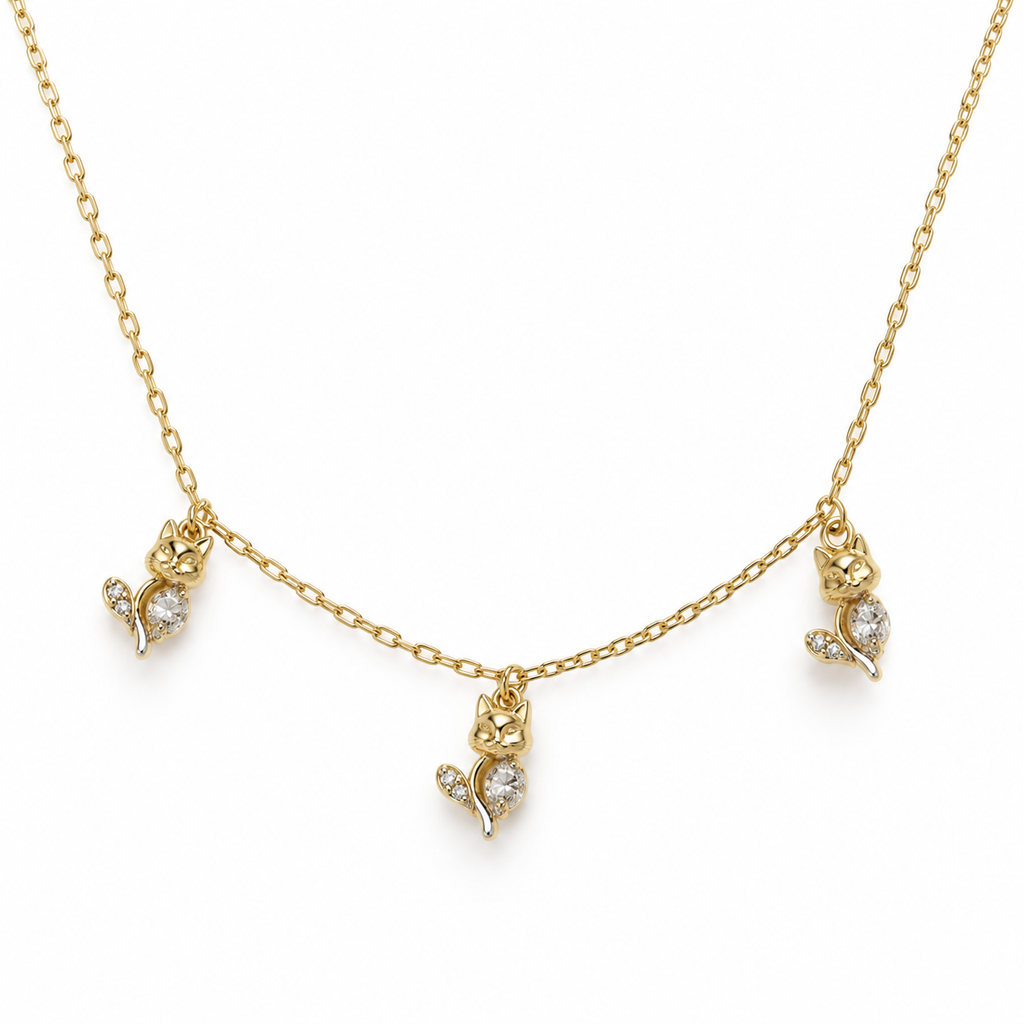 Gold-Tone Trio Cat Charm Necklace — white background