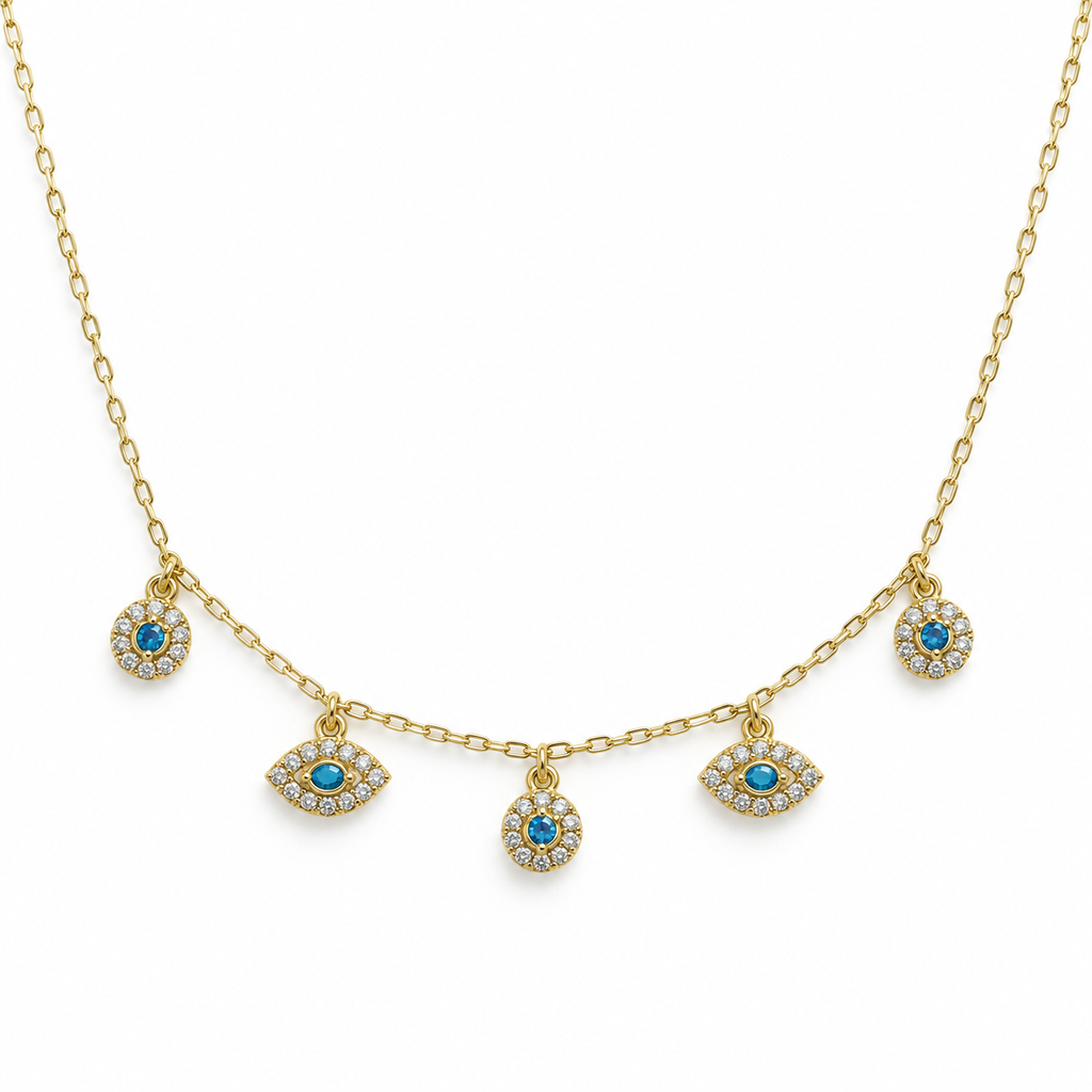 Blue Evil Eye Five Charm Necklace — white background