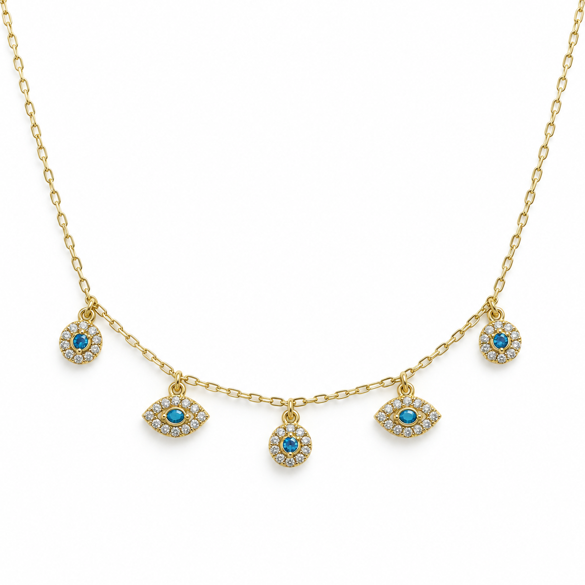 Blue Evil Eye Five Charm Necklace — white background