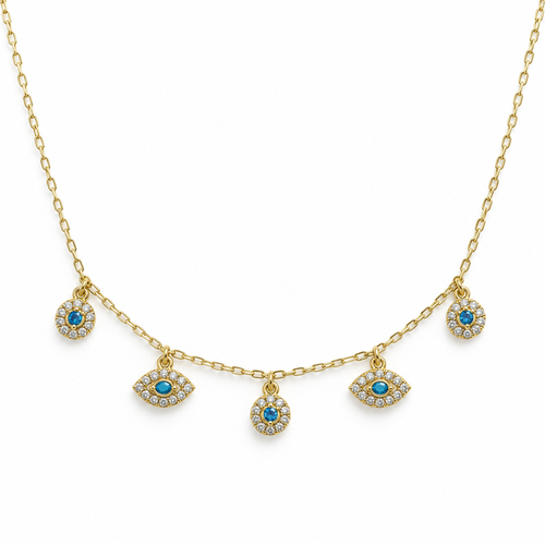 Blue Evil Eye Five Charm Necklace — white background