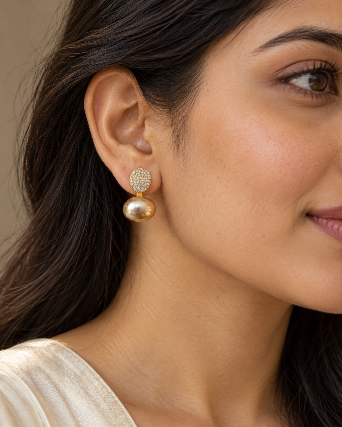 Champagne Pearl Pavé Drop Earrings — worn by model