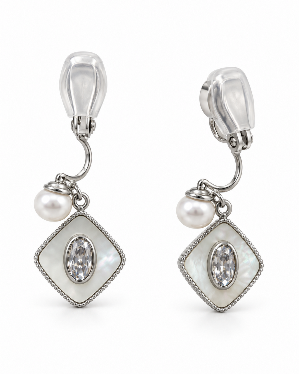 Silver-Tone Ivory Diamond Shape Clip Earrings — white background