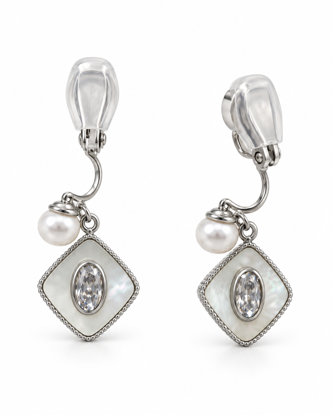 Silver-Tone Ivory Diamond Shape Clip Earrings — white background