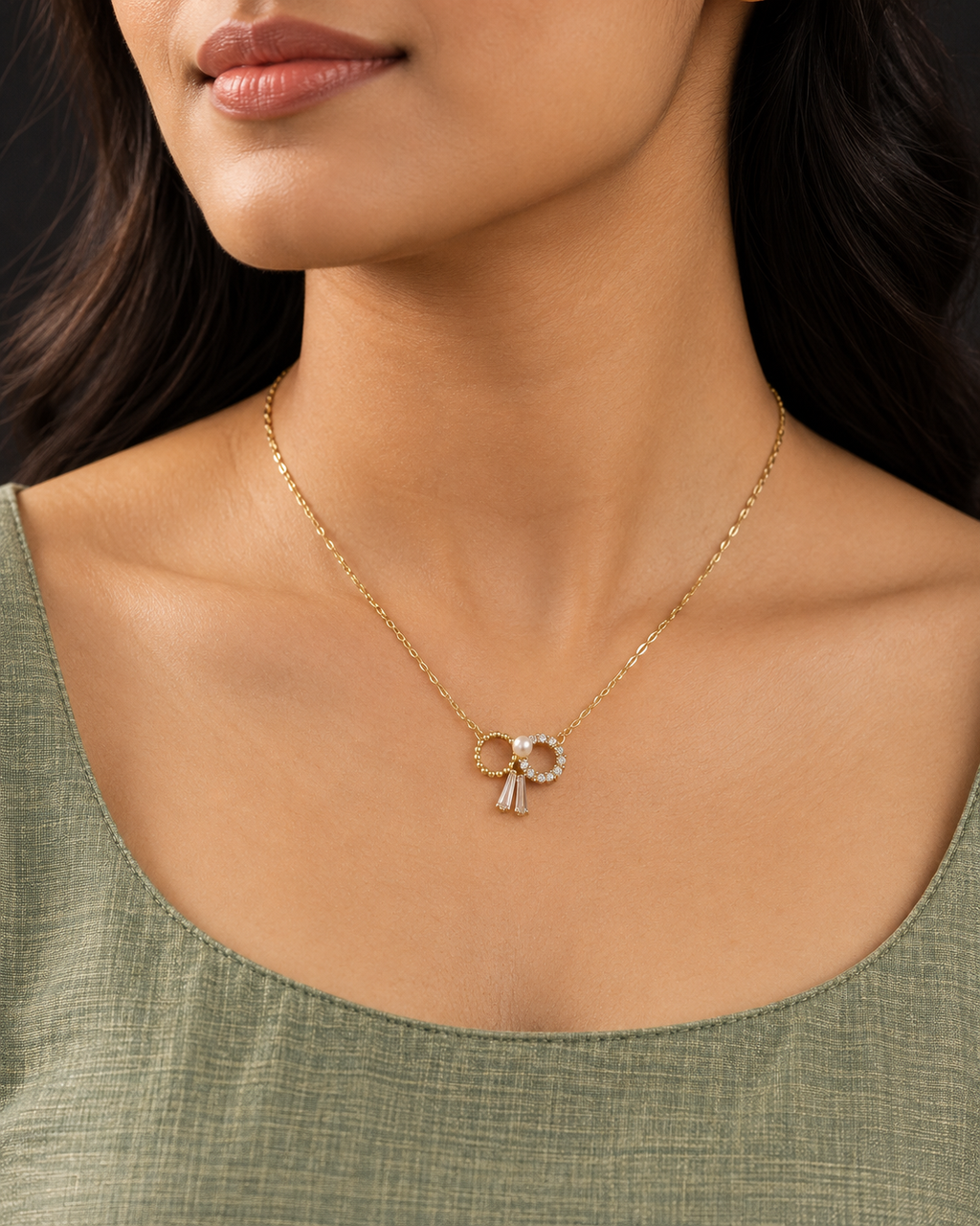 Pearl Accent Crystal Bow Necklace — worn by model