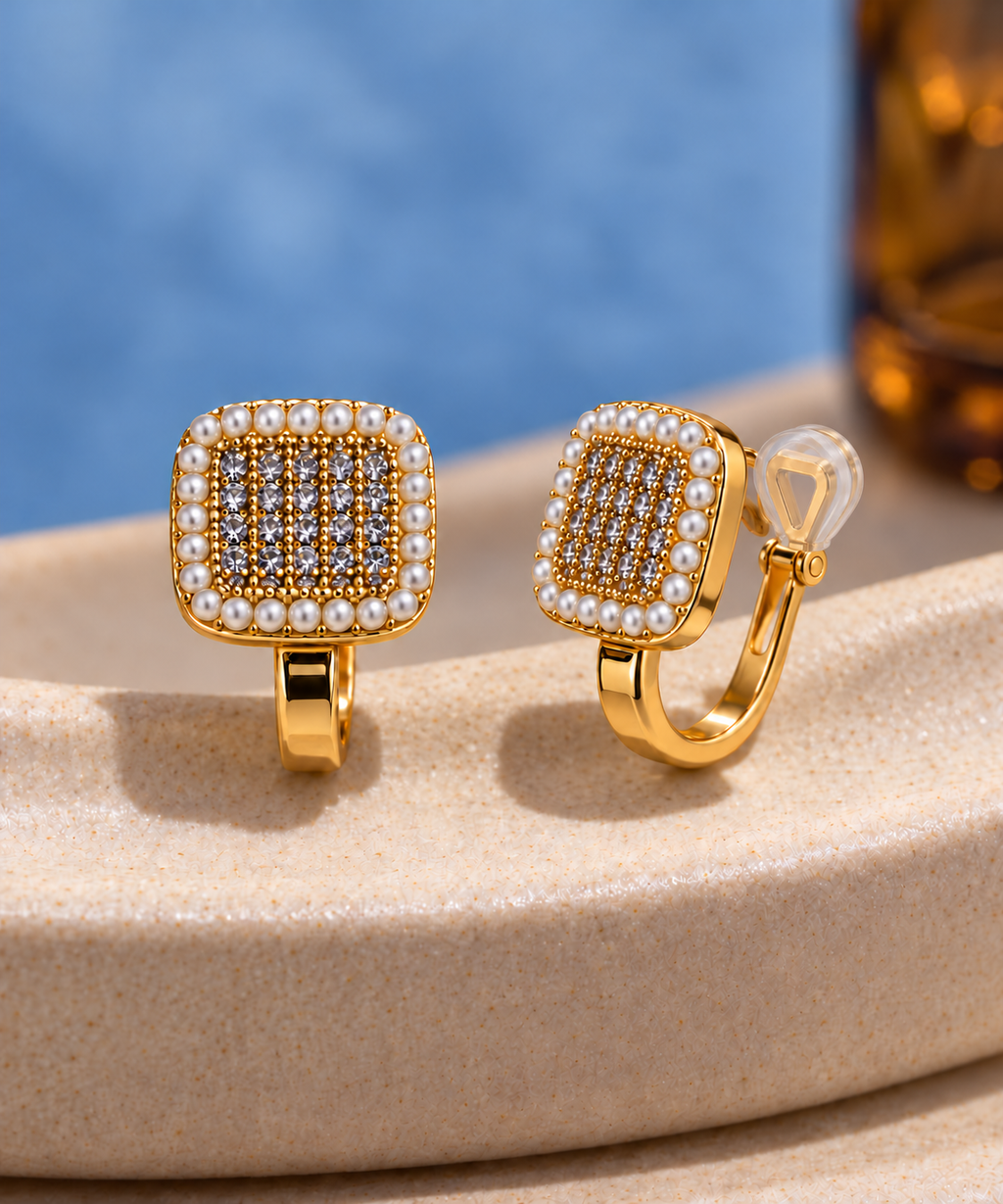 Pearl Border Square Crystal Clip Earrings — aesthetic setting