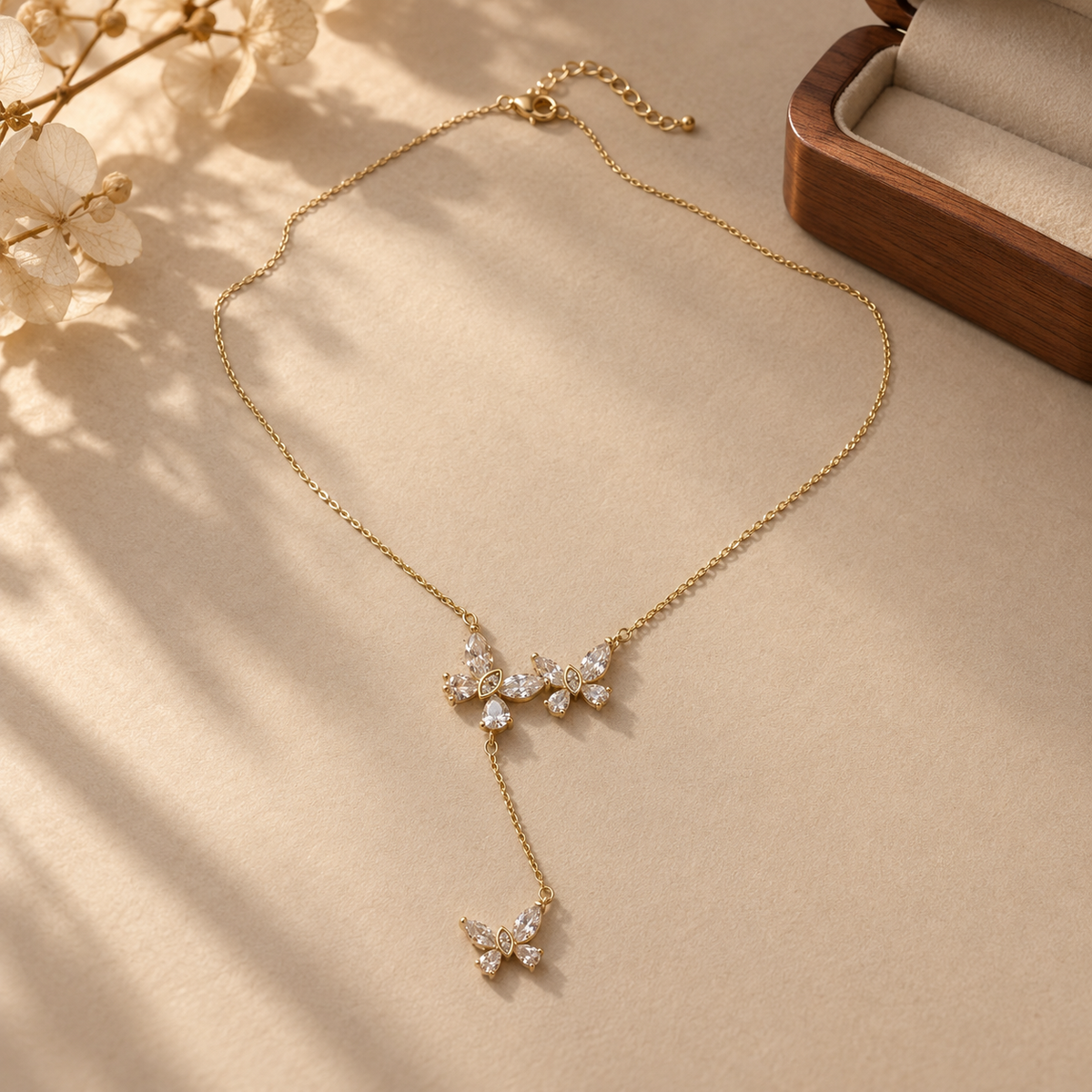 Triple Crystal Butterfly Y Necklace — aesthetic setting