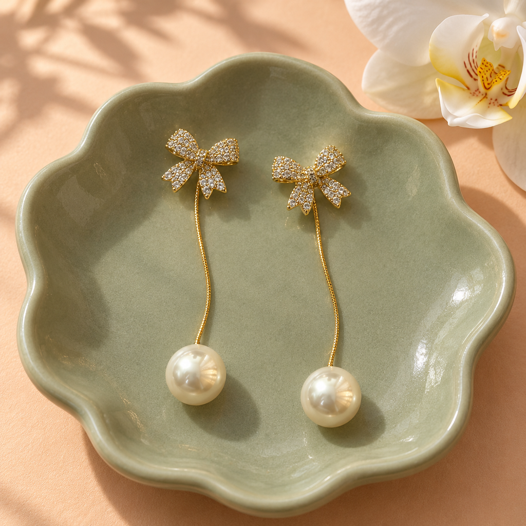 Ivory Pearl Bow Long Drop Earrings — aesthetic setting