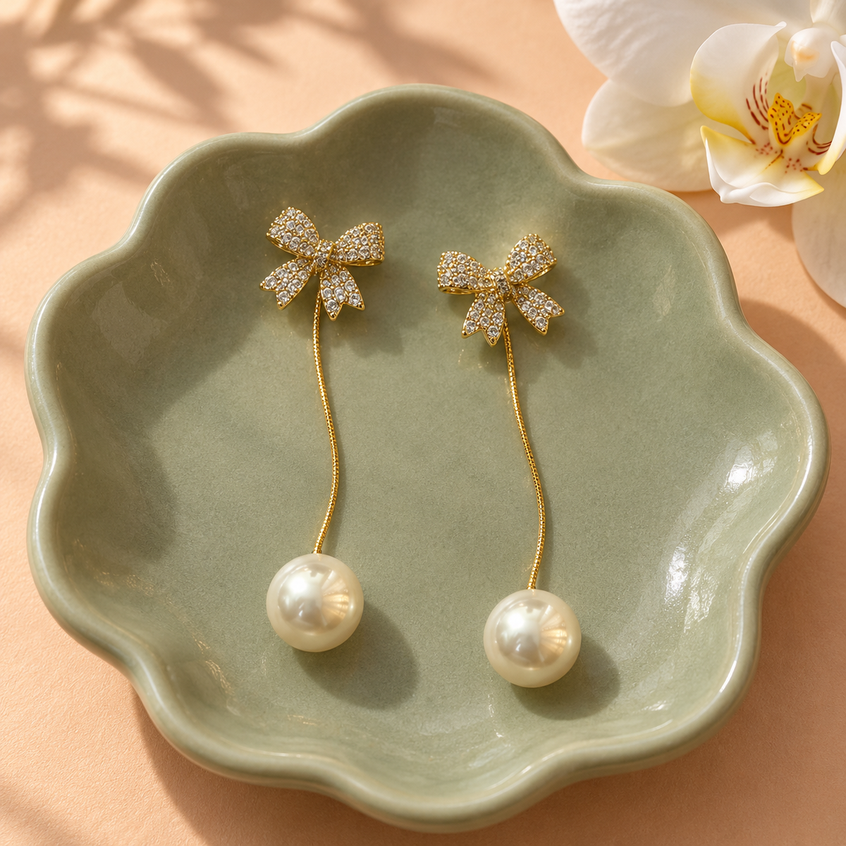 Ivory Pearl Bow Long Drop Earrings — aesthetic setting