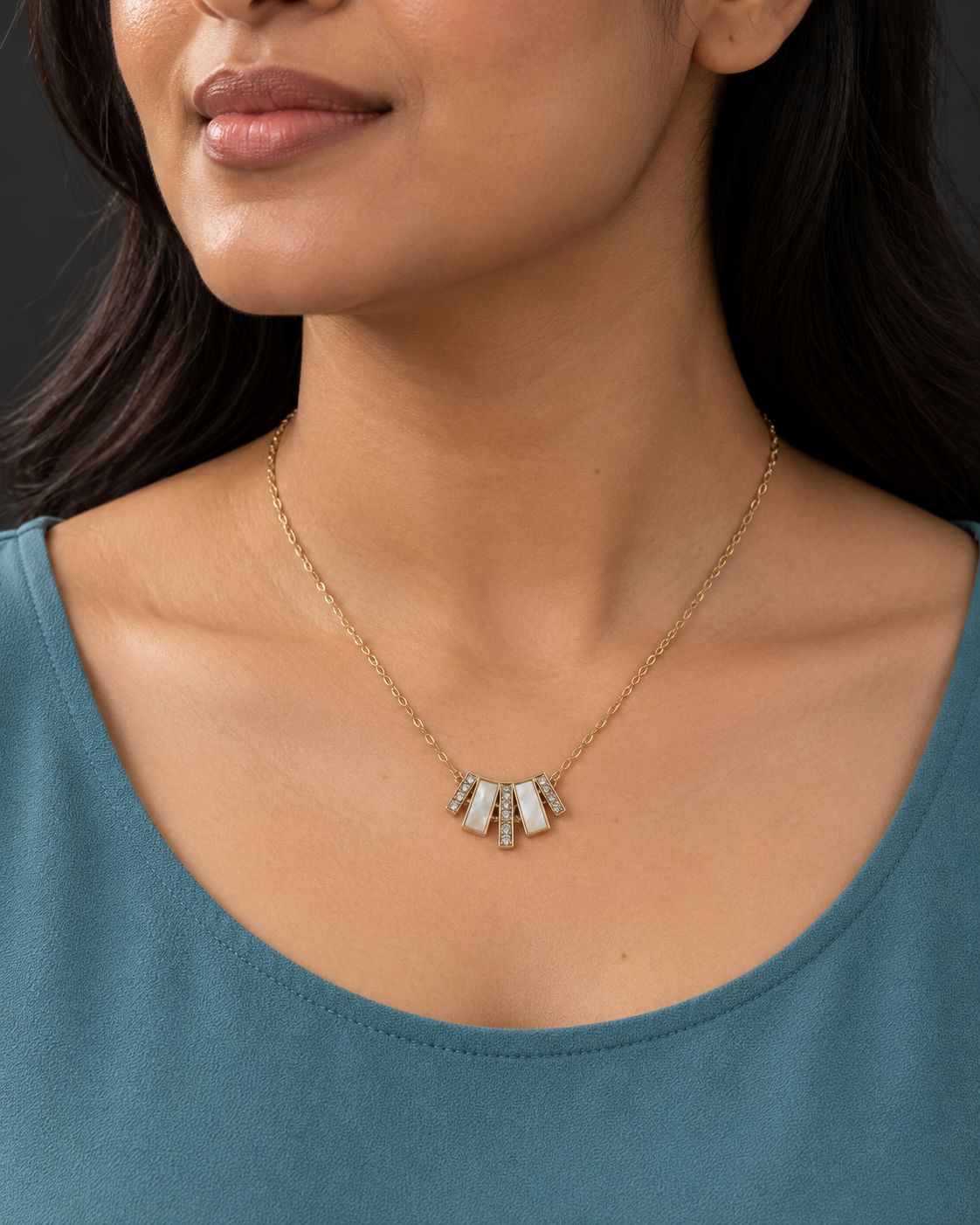 Ivory Art Deco Fan Pendant Necklace — worn by model