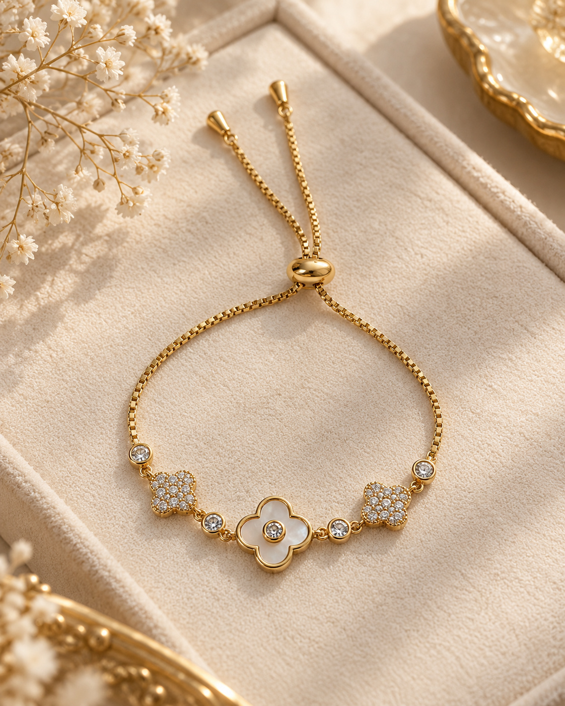 Ivory Clover Crystal Bolo Bracelet — aesthetic setting
