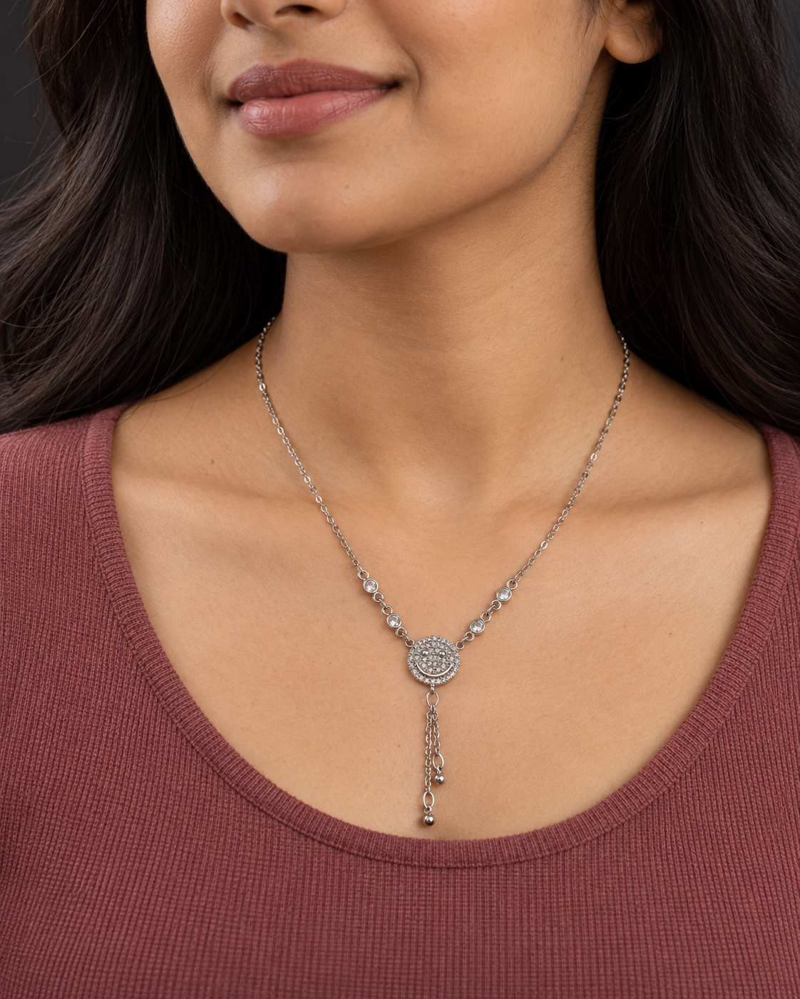Silver-Tone Crystal Smiley Tassel Necklace — worn by model