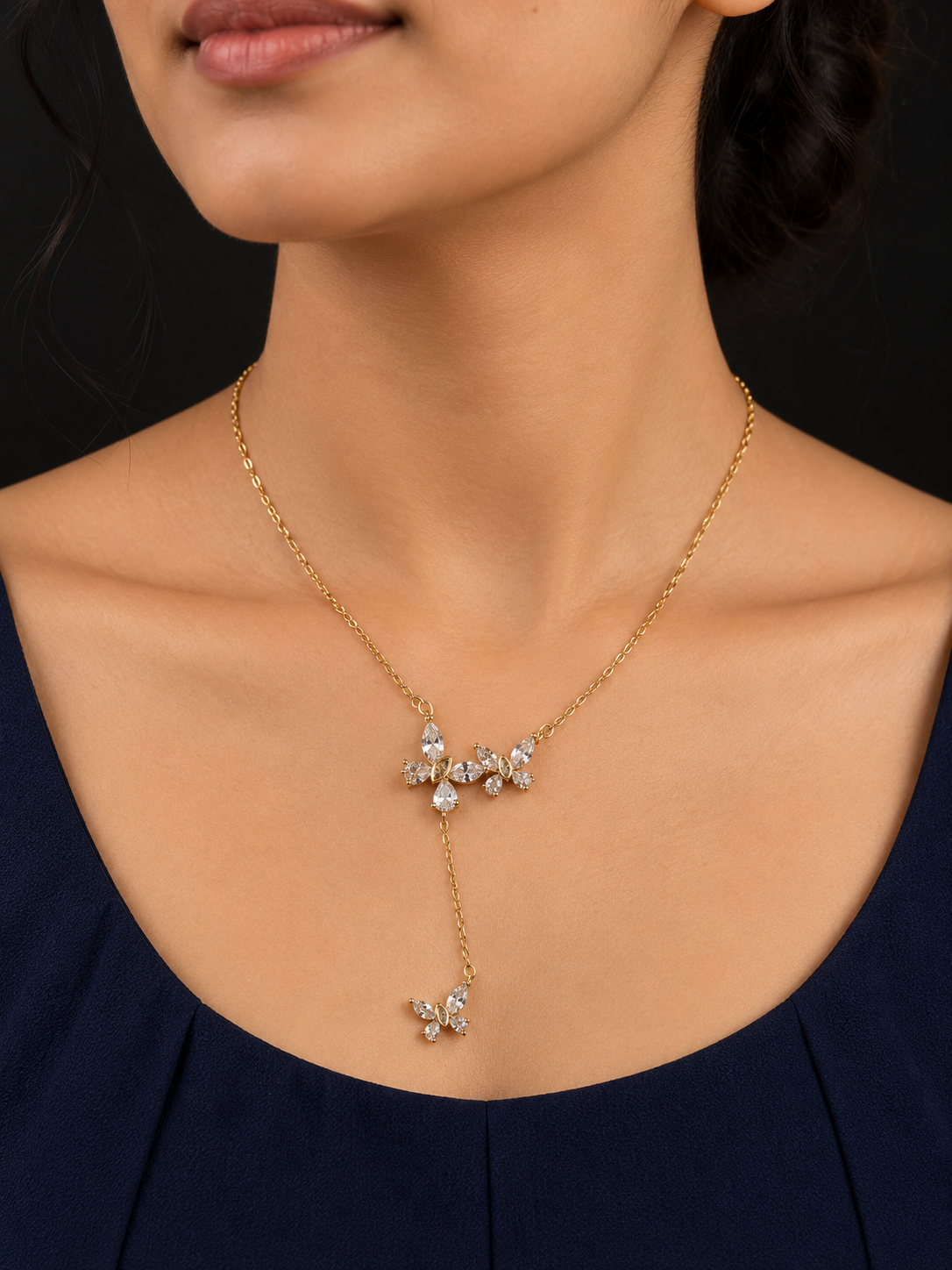 Triple Crystal Butterfly Y Necklace — worn by model