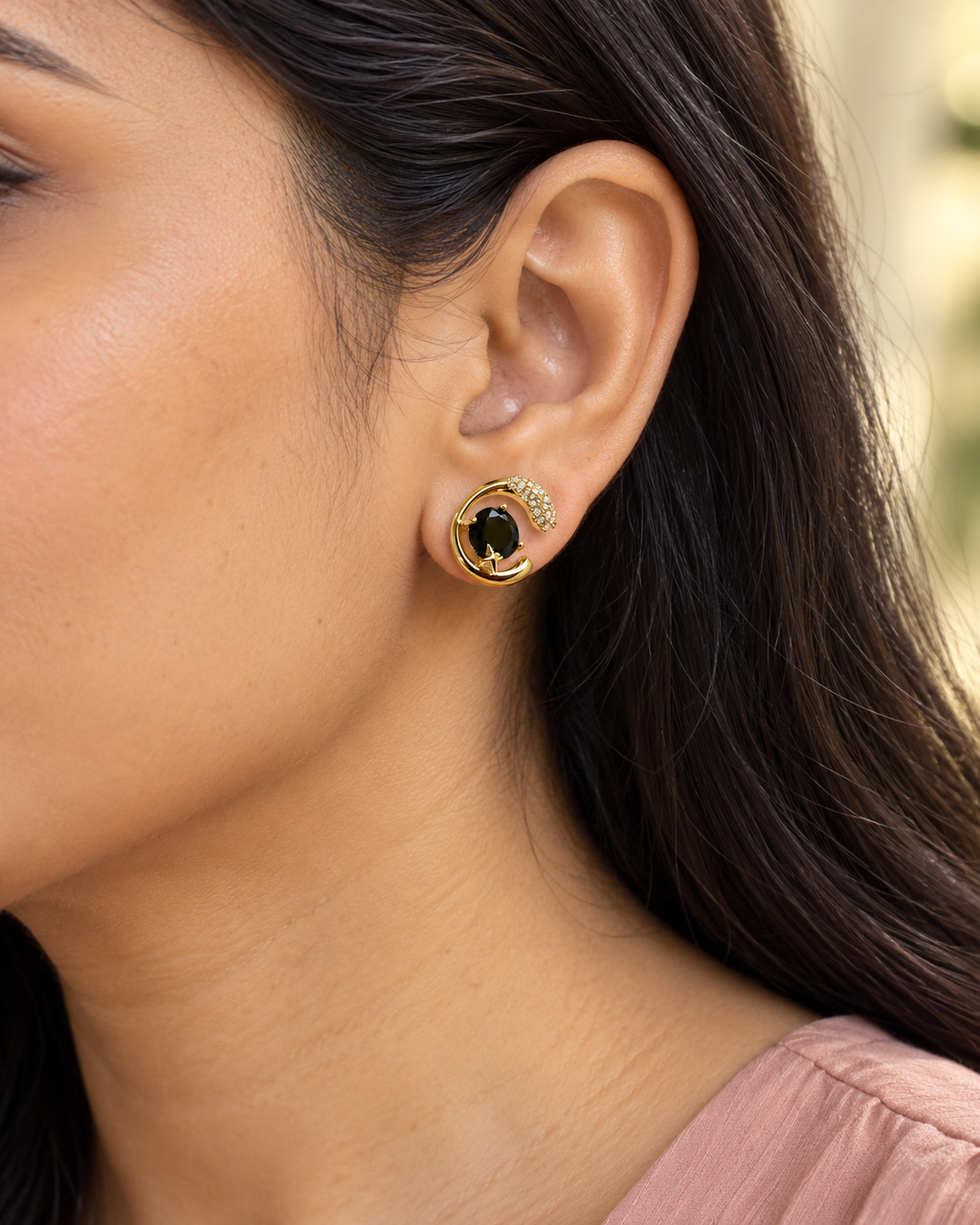 Black Stone Swirl Stud Earrings — worn by model