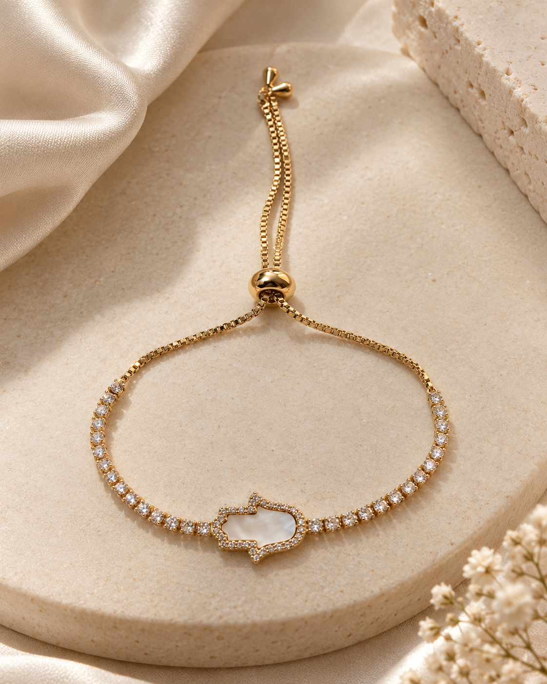 Ivory Hamsa Crystal Bolo Bracelet — aesthetic setting