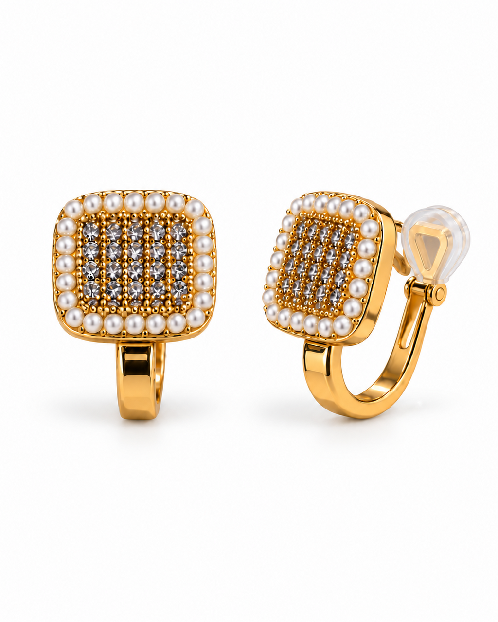 Pearl Border Square Crystal Clip Earrings — white background
