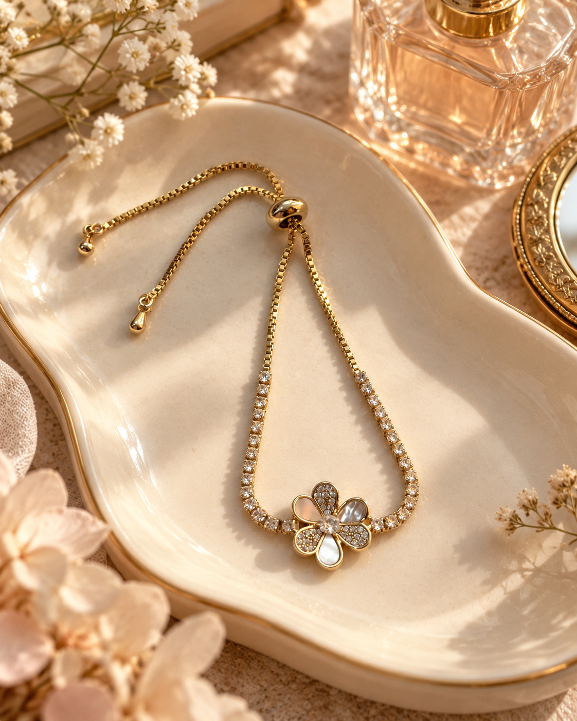 Ivory Petal Crystal Flower Bracelet — aesthetic setting