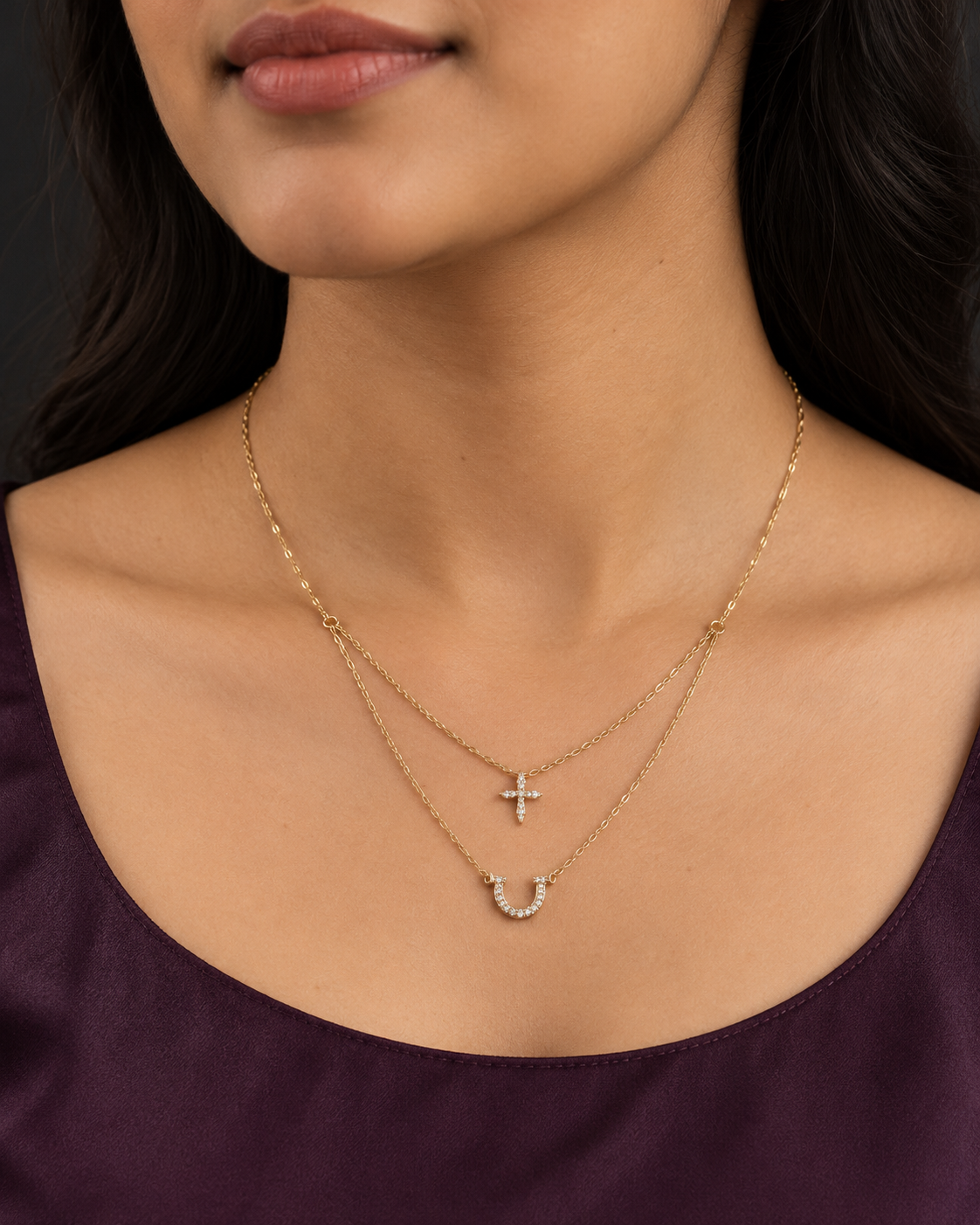 Double Tier Cross & Horseshoe Necklace — worn by model