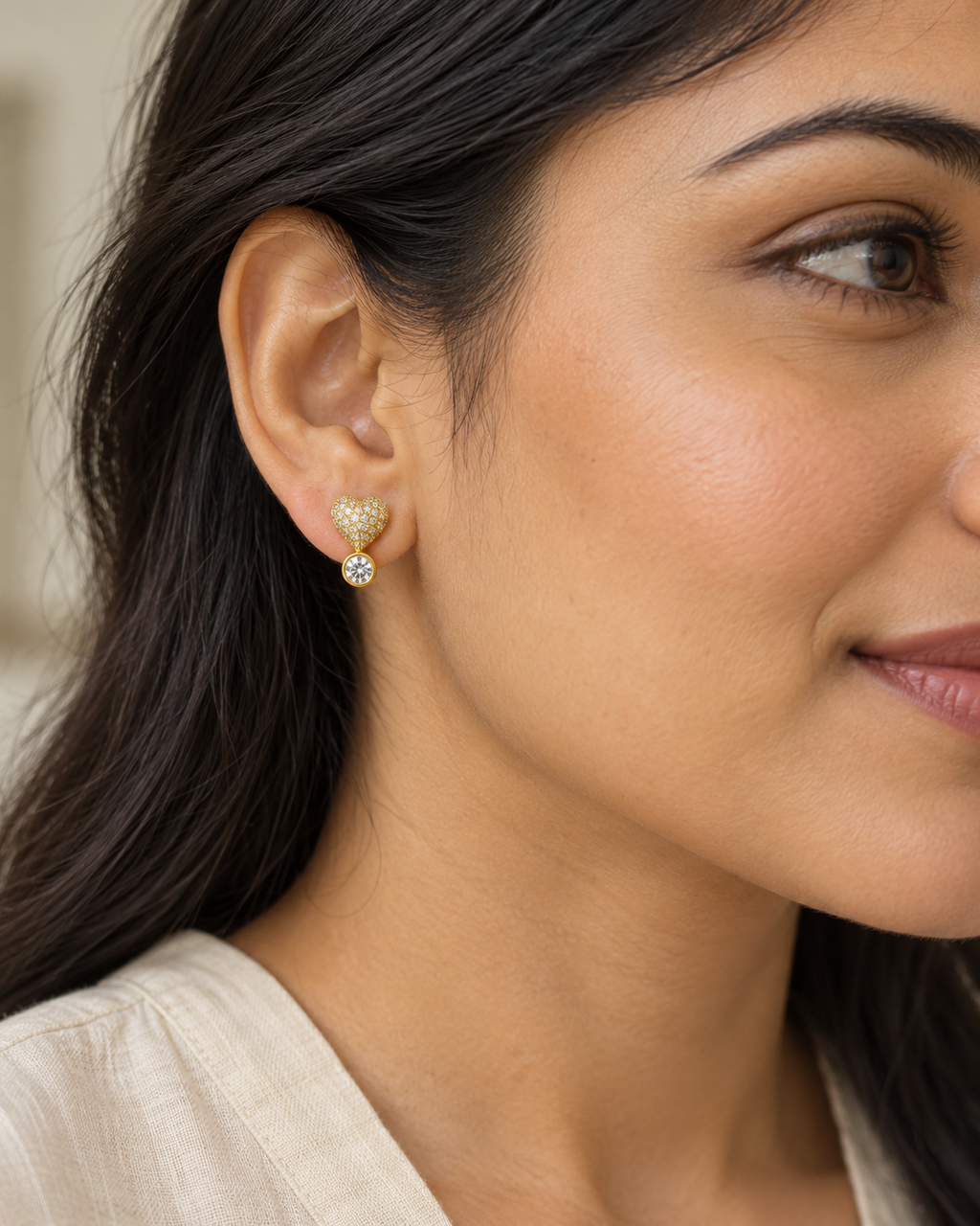 Pavé Heart Solitaire Drop Earrings — worn by model