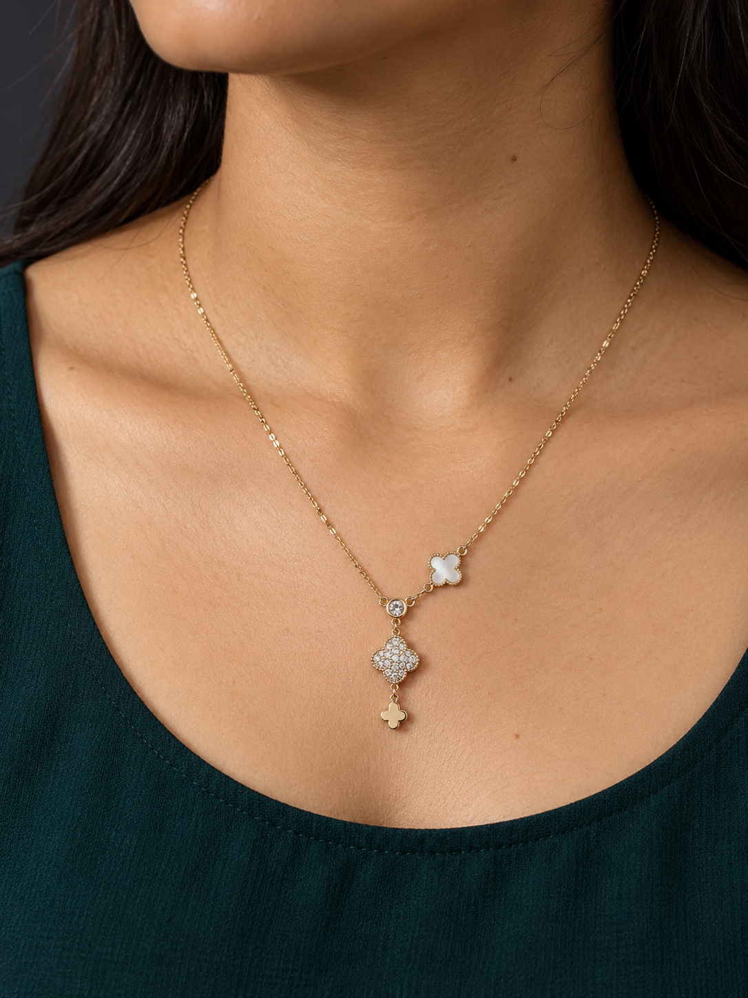 Asymmetric Triple Clover Pendant Necklace — worn by model