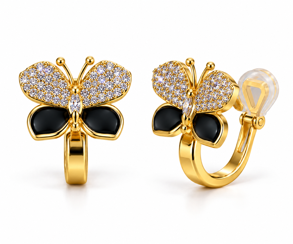 Black & Crystal Butterfly Clip Earrings — white background