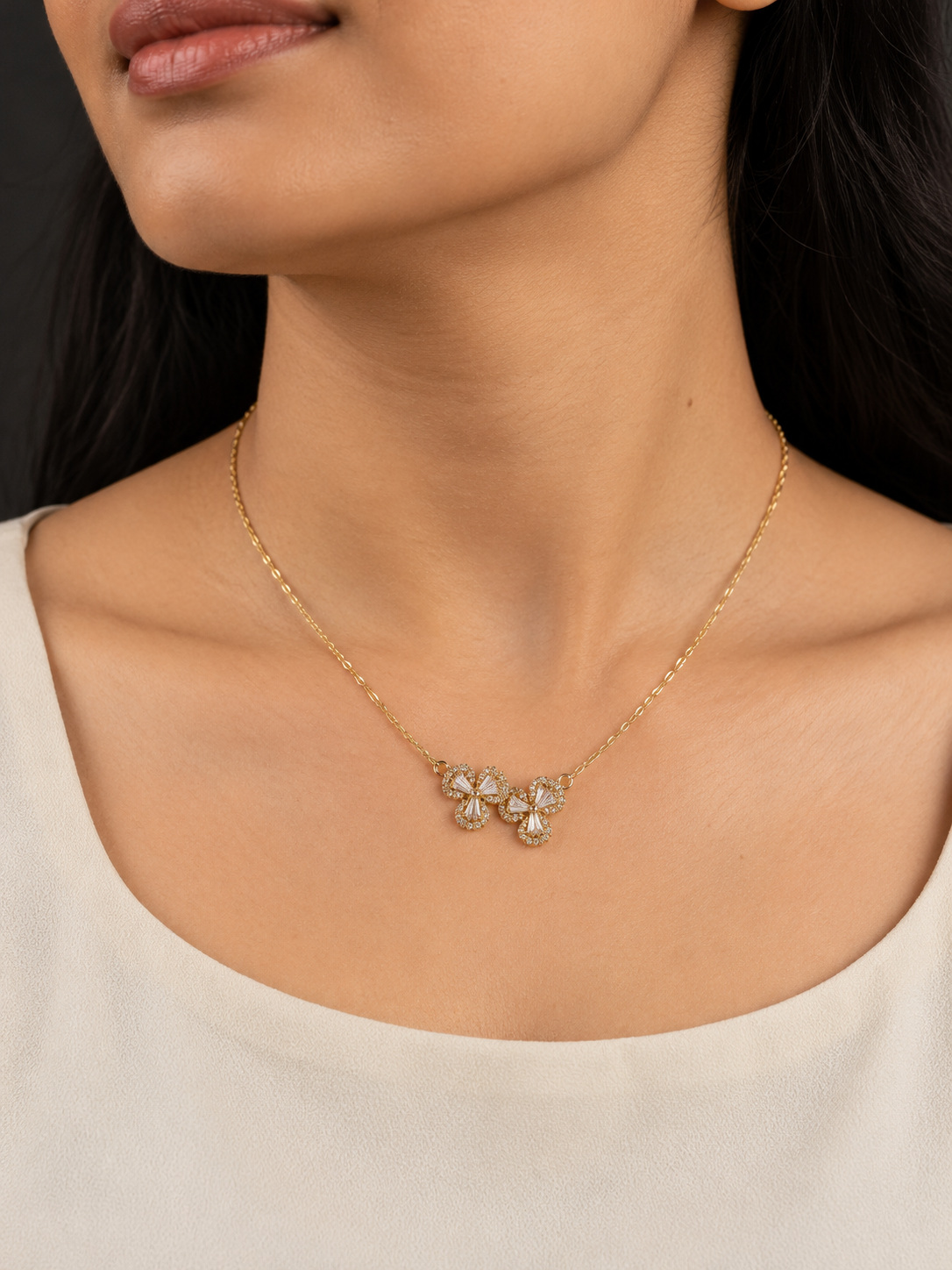 Crystal Trefoil Duo Pendant Necklace — worn by model