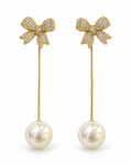 Ivory Pearl Bow Long Drop Earrings — white background