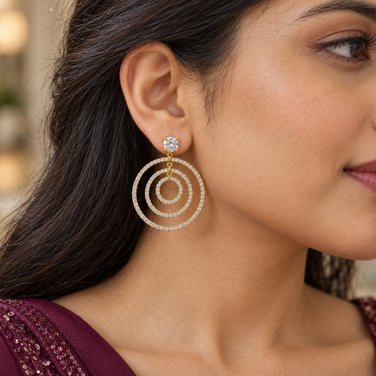 Triple Concentric Crystal Circle Earrings — worn by model
