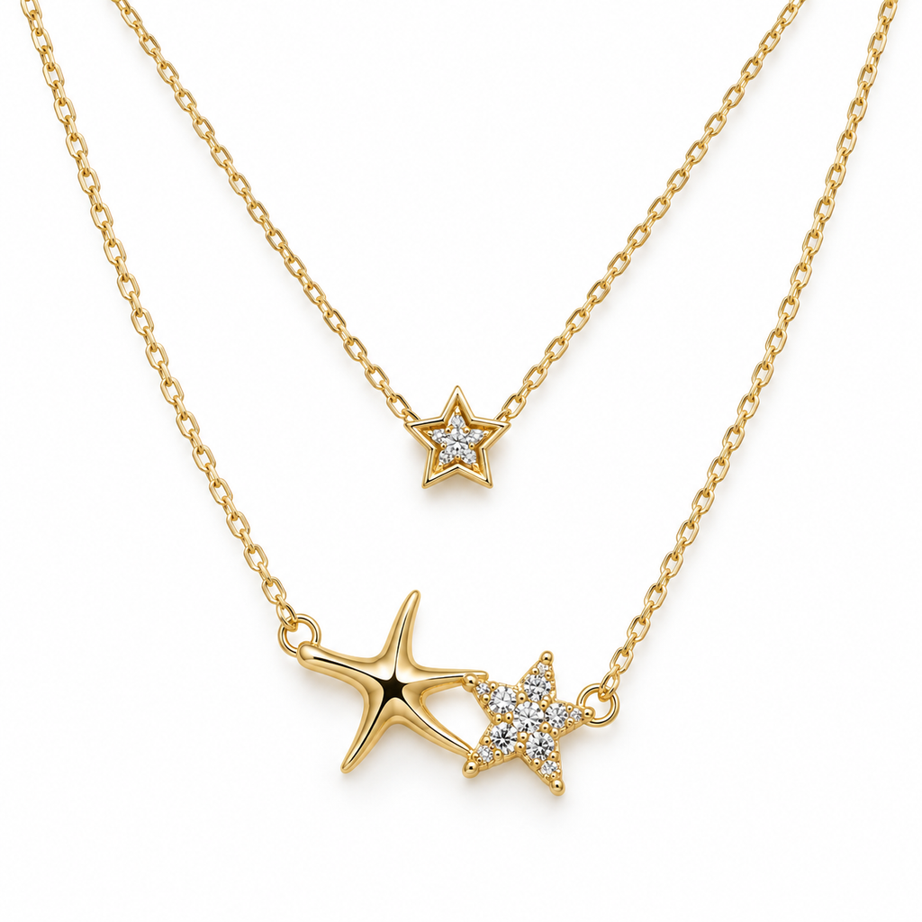 Double Tier Three Star Necklace — white background