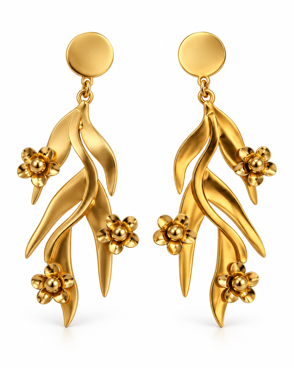 Botanical Gold-Tone Flower Drop Earrings — white background
