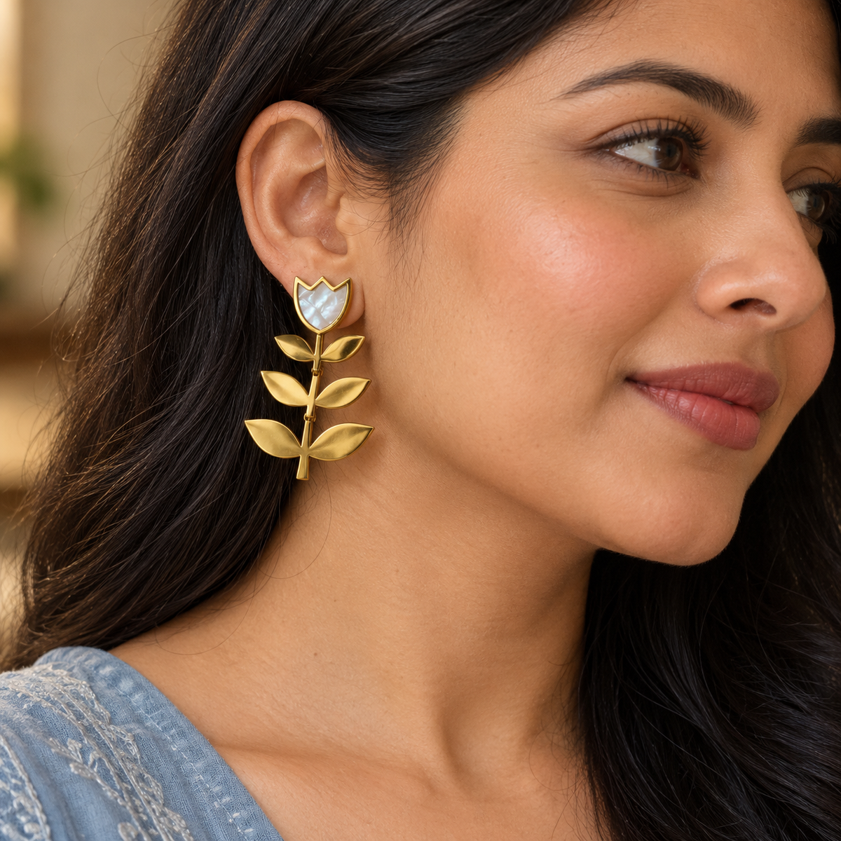 Ivory Tulip Leaf Earrings — worn by model