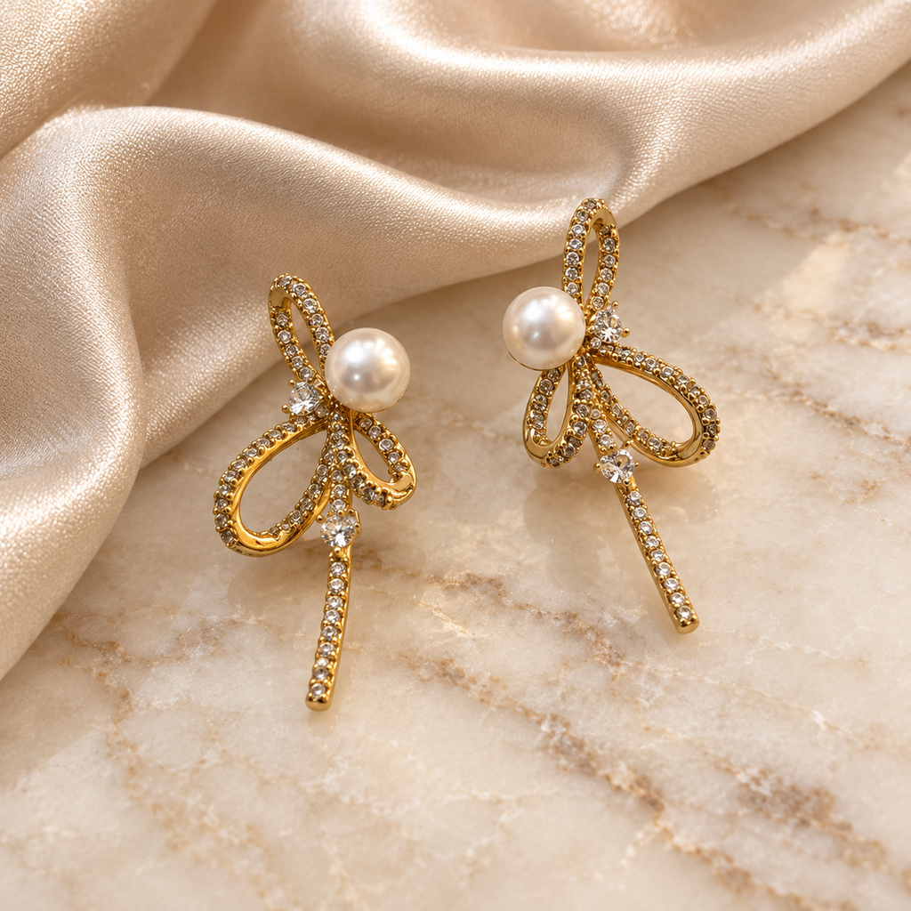 Pearl Accent Crystal Ribbon Earrings — aesthetic setting