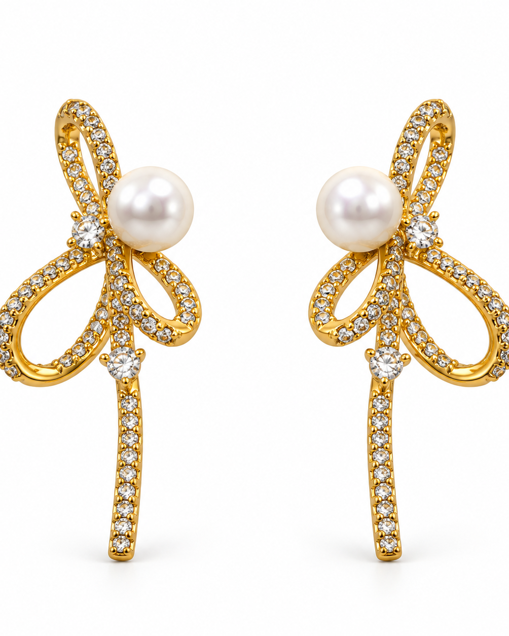 Pearl Accent Crystal Ribbon Earrings — white background
