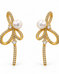 Pearl Accent Crystal Ribbon Earrings — white background