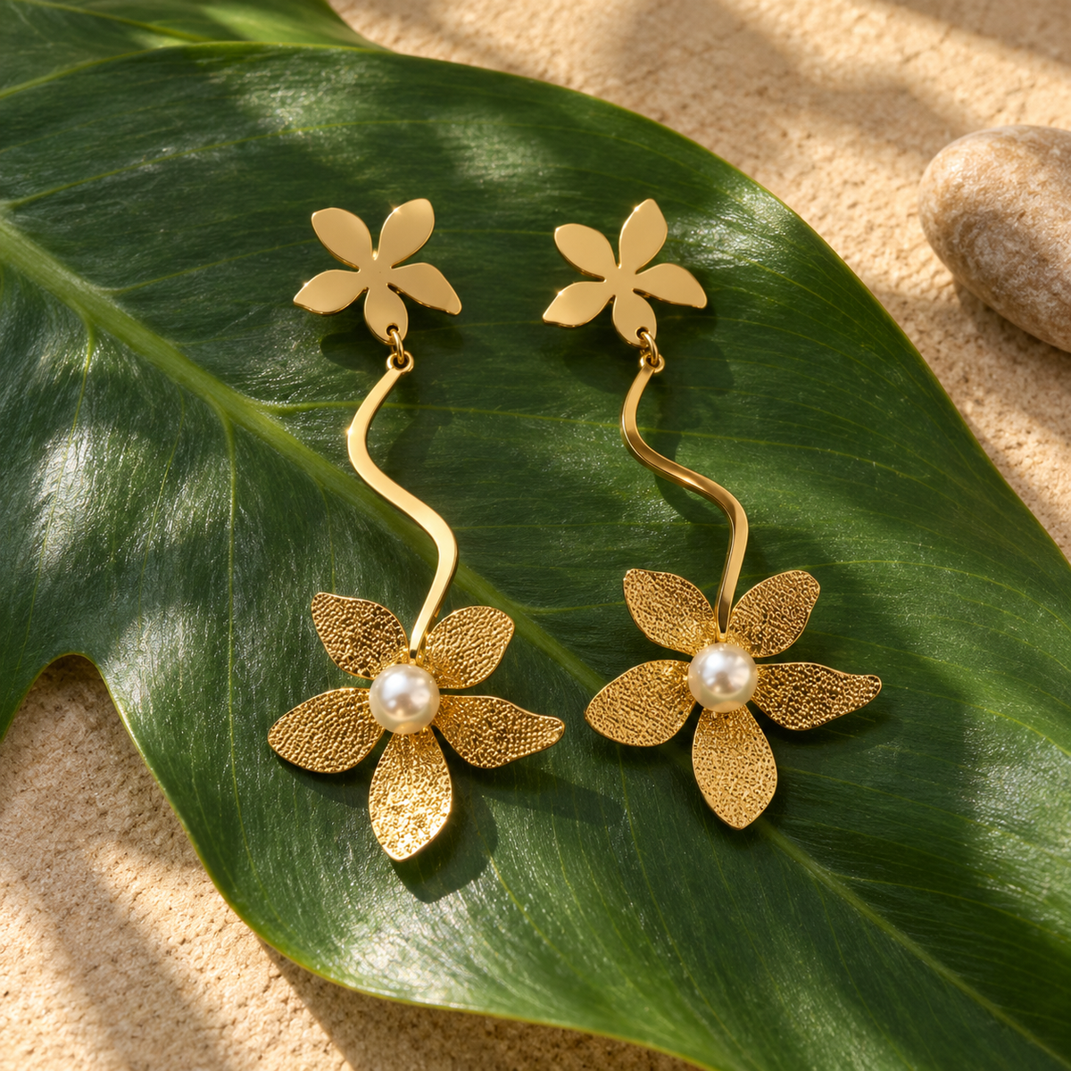 S-Curve Flower Pearl Drop Earrings — aesthetic setting