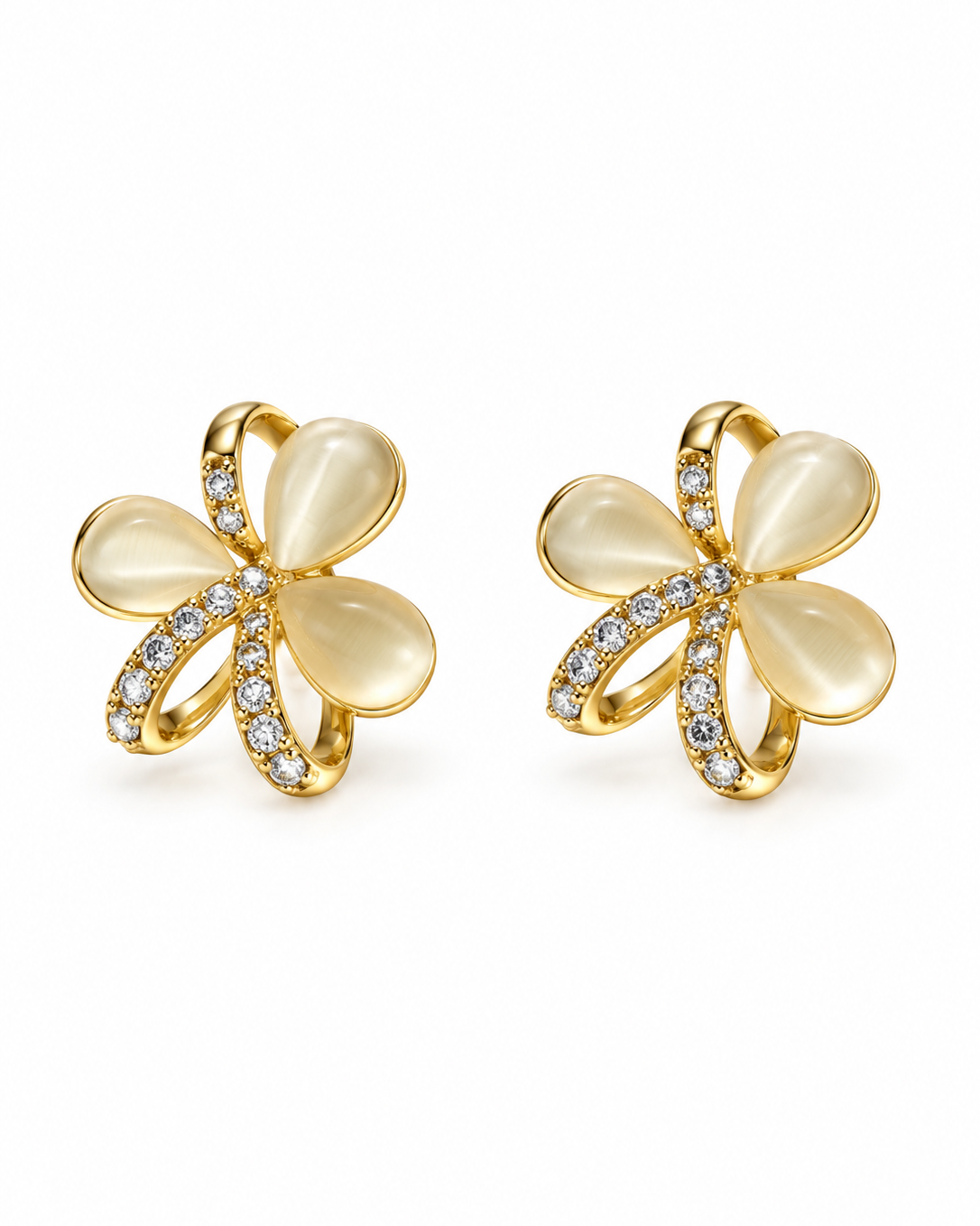 Ivory Petal Crystal Stud Earrings — white background