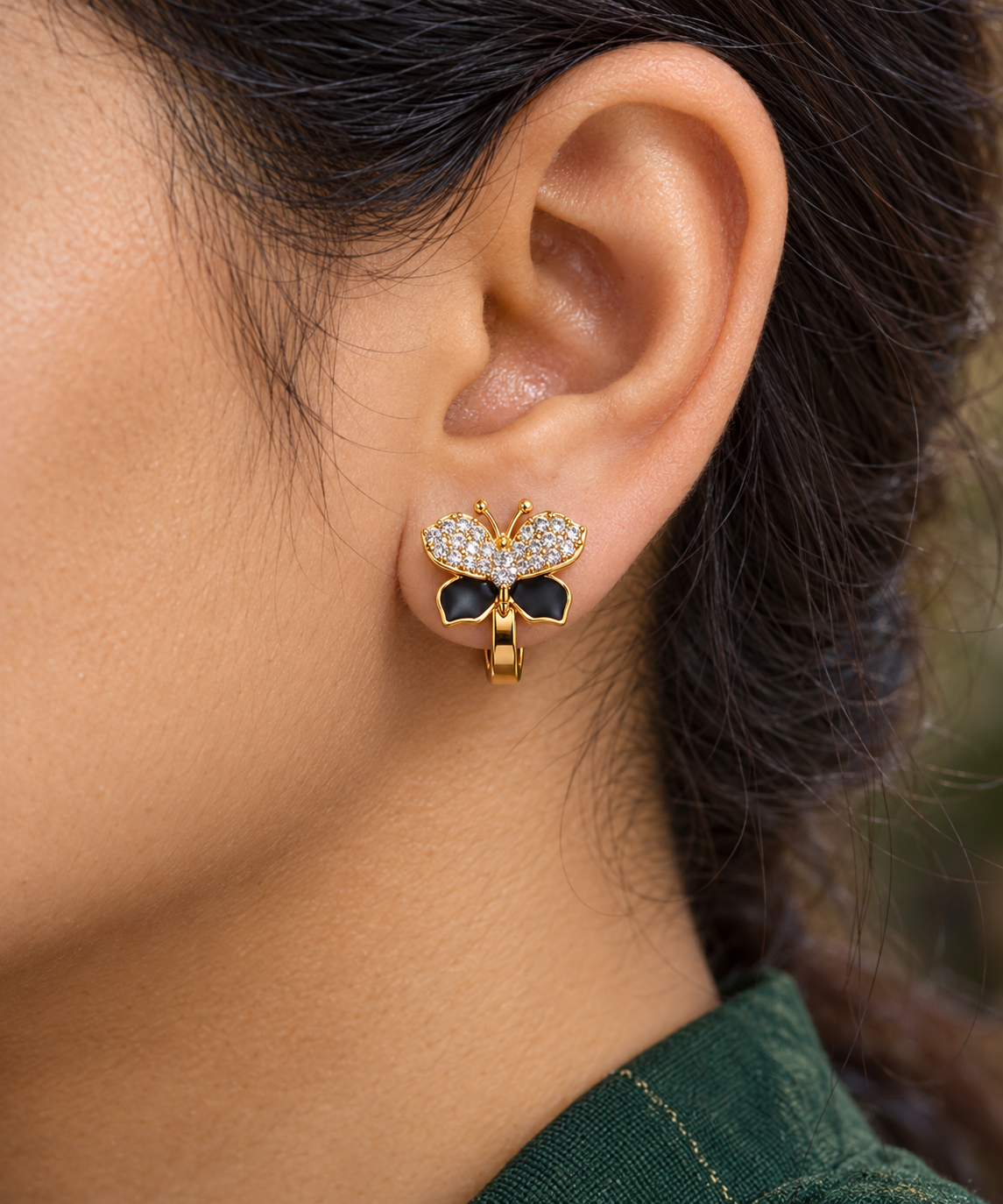 Black & Crystal Butterfly Clip Earrings — worn by model