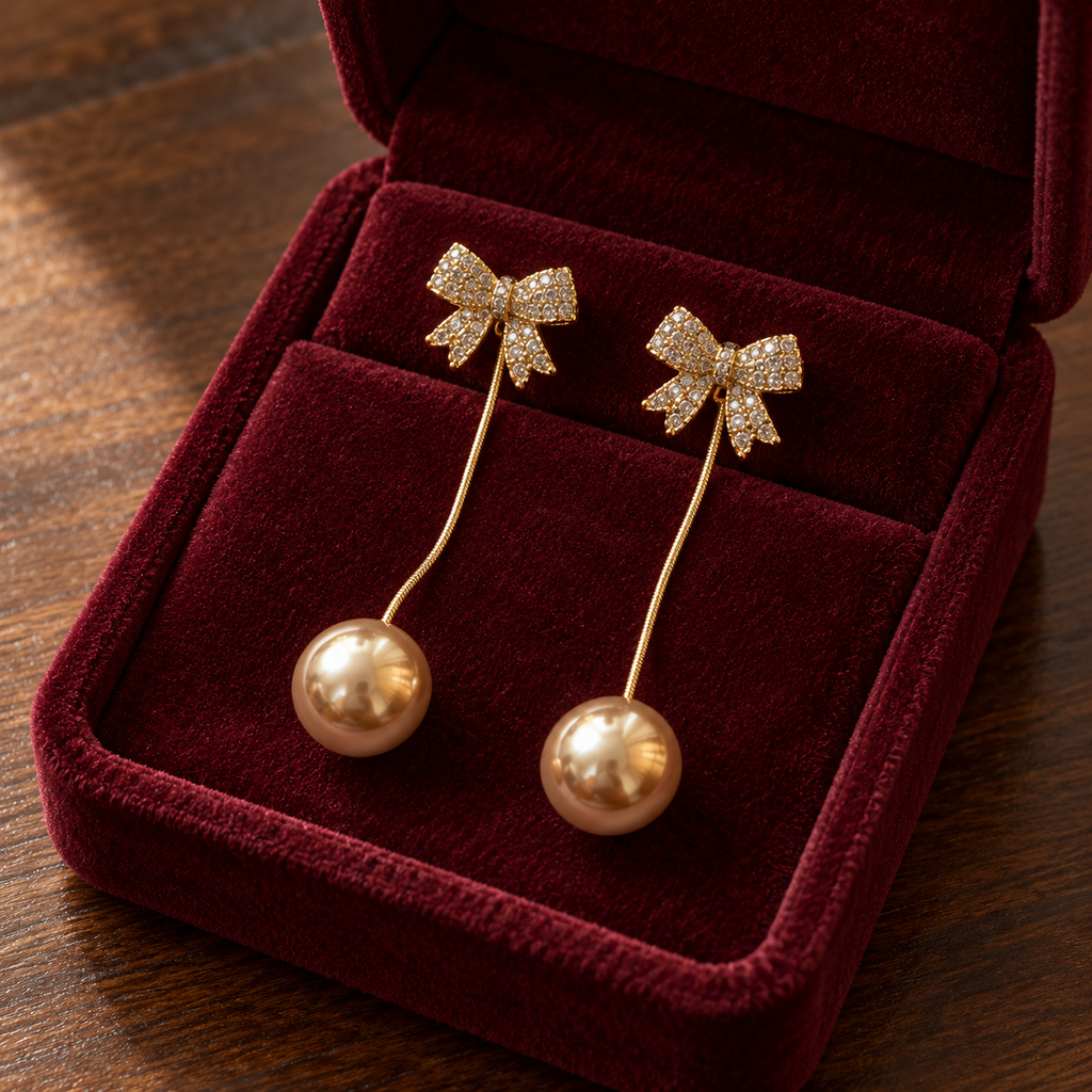 Champagne Bow Long Drop Earrings — aesthetic setting