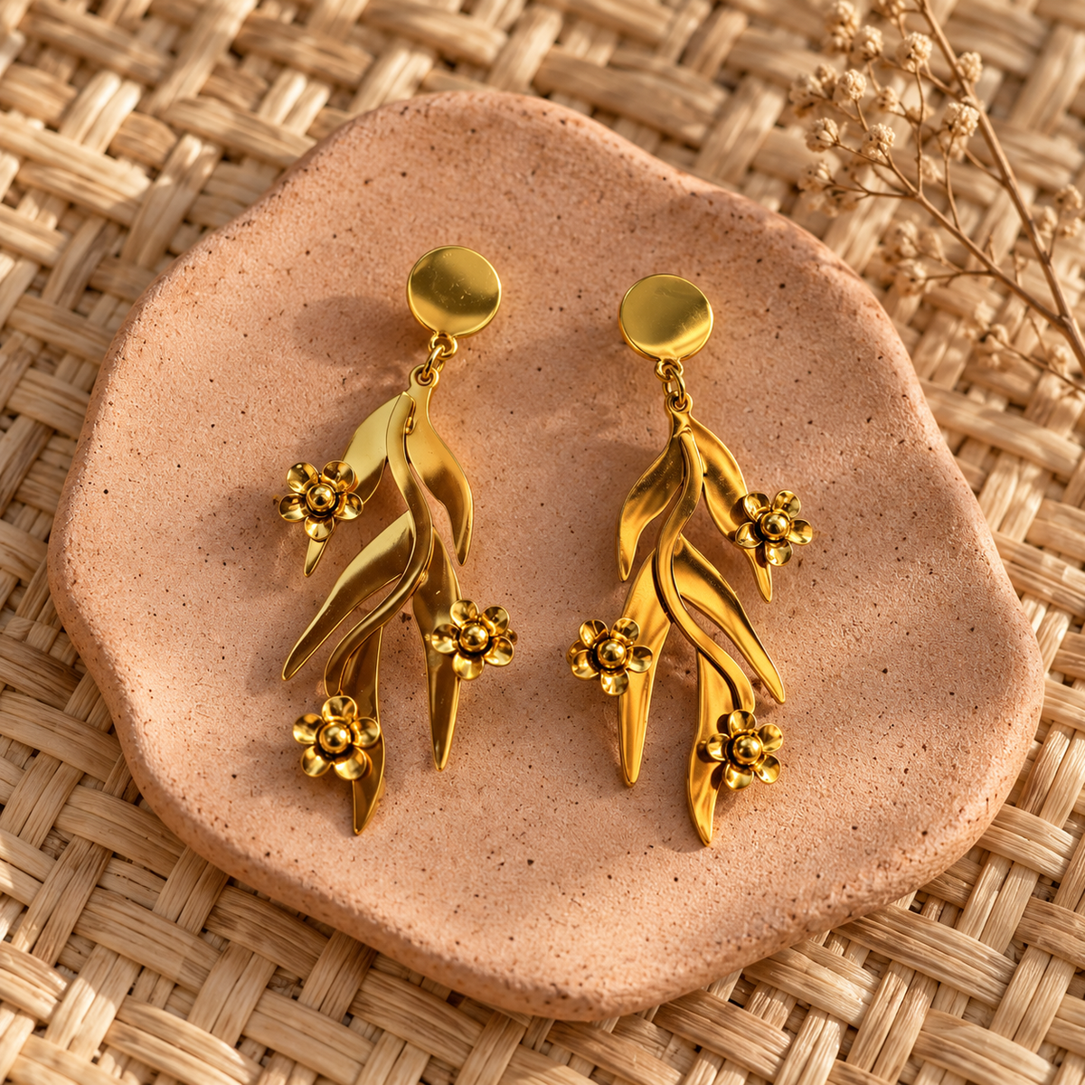 Botanical Gold-Tone Flower Drop Earrings — aesthetic setting