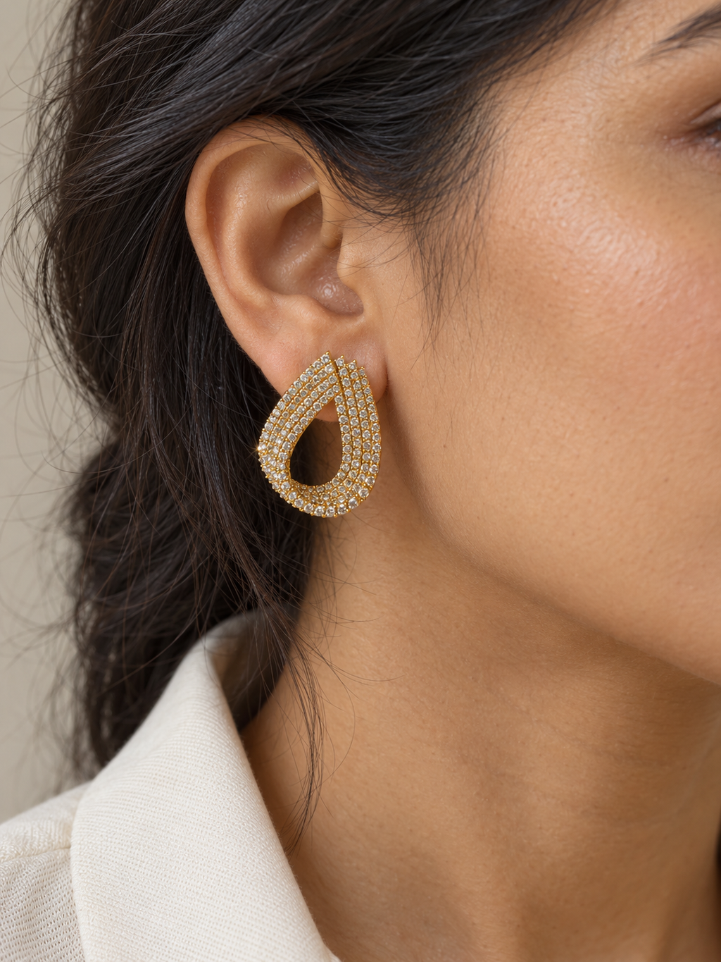 Layered Crystal Teardrop Stud Earrings — worn by model